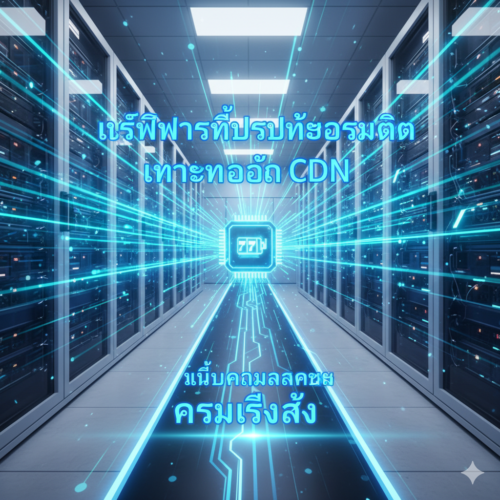 功能图片,展示Ufaslotsuper.com的“快速加载”技术核心。画面应描绘一个优化的服务器机房内部,有高速数据流(用明亮的蓝色或绿色光束表示)ใน复杂的网络结构中快速传输。核心元素是一个抽象的CPU或服务器芯片,上面有一个老虎机的图标,旁边标注“Optimized Server”และ“CDN Technology”。构图应聚焦于数据传输的路径,强调其“无延迟 (No Lag)”และ“光速 (Light Speed)”的特性。色彩以冷静的科技蓝和白色为主。