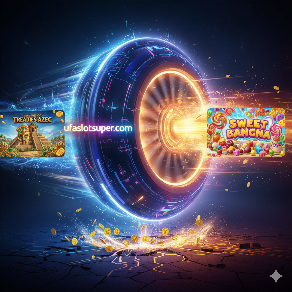 优势图片,突出Ufaslotsuper.com在整合顶级游戏(PG Soft, Pragmatic Play)时的速度优势。画面上应有两个标志性老虎机游戏(例如PG的《Treasures of Aztec》和Pragmatic Play的《Sweet Bonanza》)的缩略图,它们从一个巨大的、高速运转的涡轮或加速器中喷射出来。涡轮上刻有“ufaslotsuper.com”标志,象征平台为这些游戏加速。色彩鲜艳,具有冲击力,强调“加载快”、“不卡顿”และ“顶级游戏”的结合。构图应将两个游戏图标置于前景,作为速度优势的直接证明。