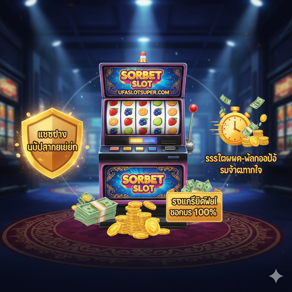 ภาพที่เน้นข้อดีและความมั่นคงของเว็บ ufaslotsuper.com ในการเล่น Sorbet Slot แสดงภาพตู้สล็อตที่รายล้อมด้วยคุณสมบัติเด่น 3 ประการคือ 'เว็บตรง ไม่ผ่านเอเย่นต์' (มีโล่ทองคำรับรอง) 'ระบบฝาก-ถอนออโต้ รวดเร็วทันใจ' (มีไอคอนนาฬิกากับเงิน) และ 'รับเครดิตฟรี โบนัส 100%' (มีกองเหรียญทองและธนบัตร) ภาพรวมให้ความรู้สึกมั่นคง ปลอดภัย และเต็มไปด้วยโอกาสในการรับโบนัส ใช้สีหลักคือสีทอง สีแดง และสีน้ำเงินเข้ม