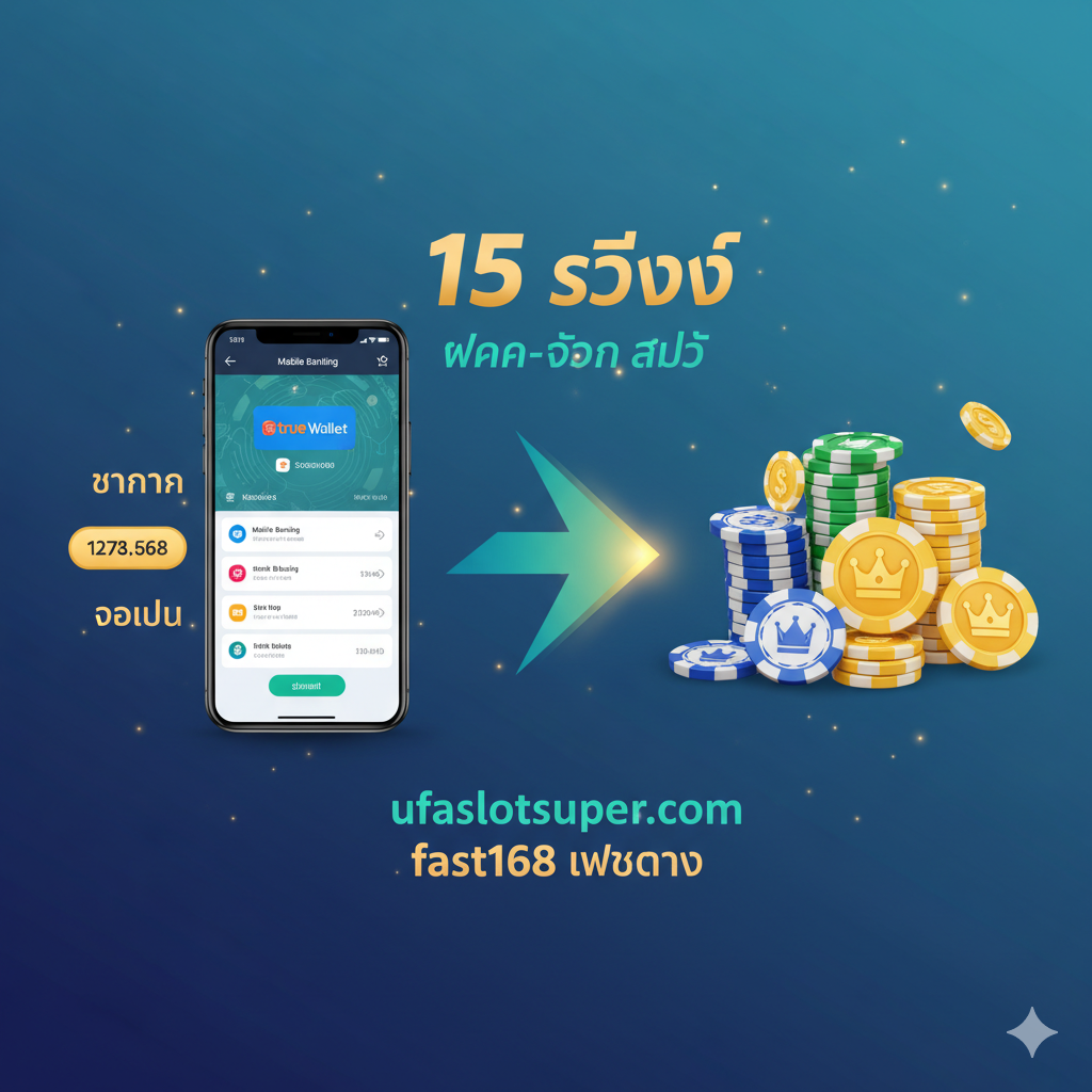 แสดงฟังก์ชันหลักของ 'ฝาก-ถอน ออโต้' ตรงกลางมีรูปลูกศรสายฟ้าสื่อถึงการทำธุรกรรมที่ใช้เวลา 15 วินาทีได้อย่างรวดเร็ว ปลายลูกศรทั้งสองด้านเชื่อมต่อกับ หน้าจอโทรศัพท์มือถือ (แสดงแอป True Wallet หรือ Mobile Banking) และ กองชิปสล็อต/เหรียญทอง โทนสีคือ น้ำเงินเขียว (สื่อถึงเทคโนโลยีและความน่าเชื่อถือ) และ สีทอง (สื่อถึงความมั่งคั่ง) เน้นตัวเลข “15 วินาที” อย่างชัดเจน และแสดงโลโก้ “True Wallet” เพื่อเน้นความสะดวกในการใช้ fast168 เว็บตรงผ่าน ufaslotsuper.com