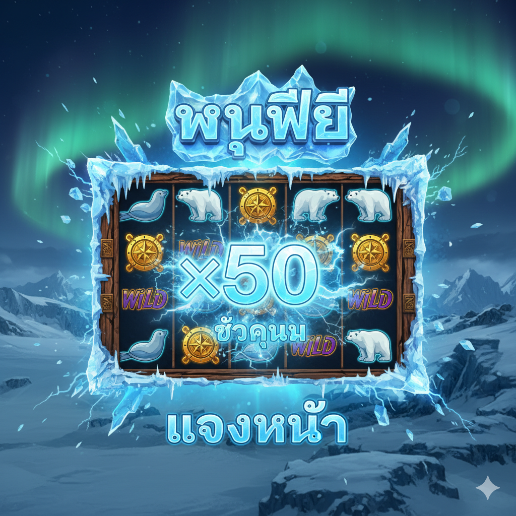 ภาพที่แสดงถึงฟีเจอร์ Free Spins และ ×50 Multiplier ในเกมสล็อตธีม Arctic มี Wild และ Scatter Symbol พร้อมเอฟเฟกต์แสงสีน้ำเงินและหิมะ