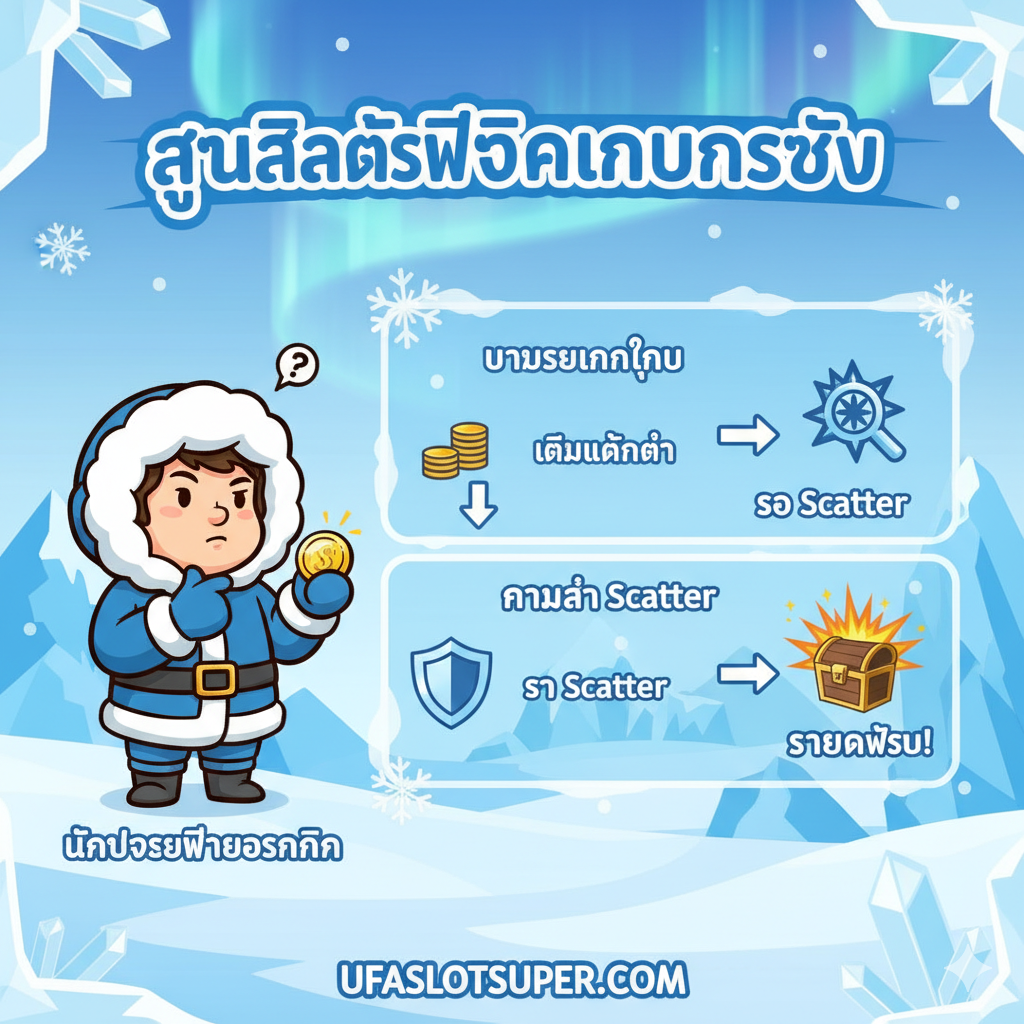 ภาพกราฟิกแสดงขั้นตอนและเคล็ดลับการเล่นสล็อต (สูตรสล็อต) โดยเน้นที่การจัดการเงินทุน (Bankroll Management) และการตามล่า Scatter เพื่อให้ได้ Max Win