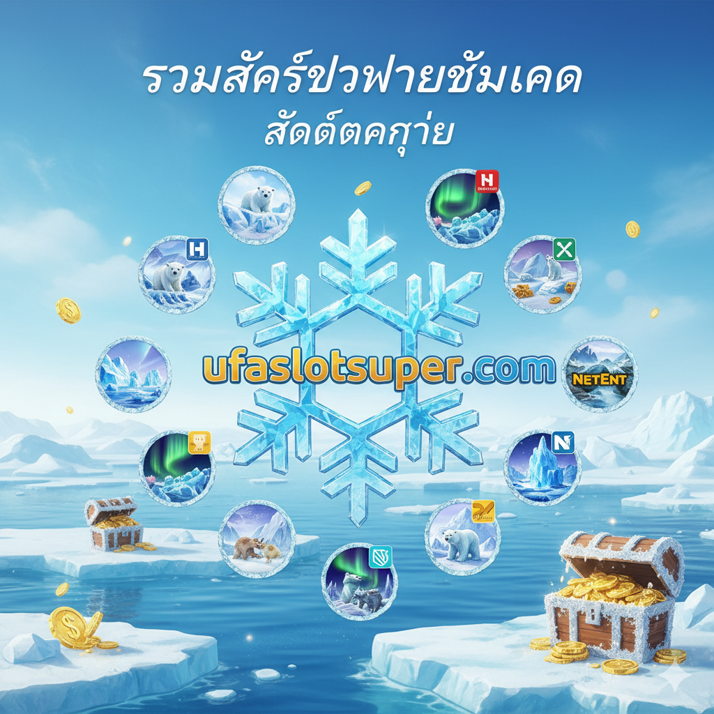 ภาพที่เน้นย้ำ ufaslotsuper.com เป็นศูนย์รวมสล็อตธีมขั้วโลก (Blue Ocean Niche) มีโลโก้เว็บไซต์ล้อมรอบด้วยไอคอนสล็อตจากค่ายต่างๆ (Habanero, NetEnt) และคำว่า “รวมสล็อตผจญภัยขั้วโลก”