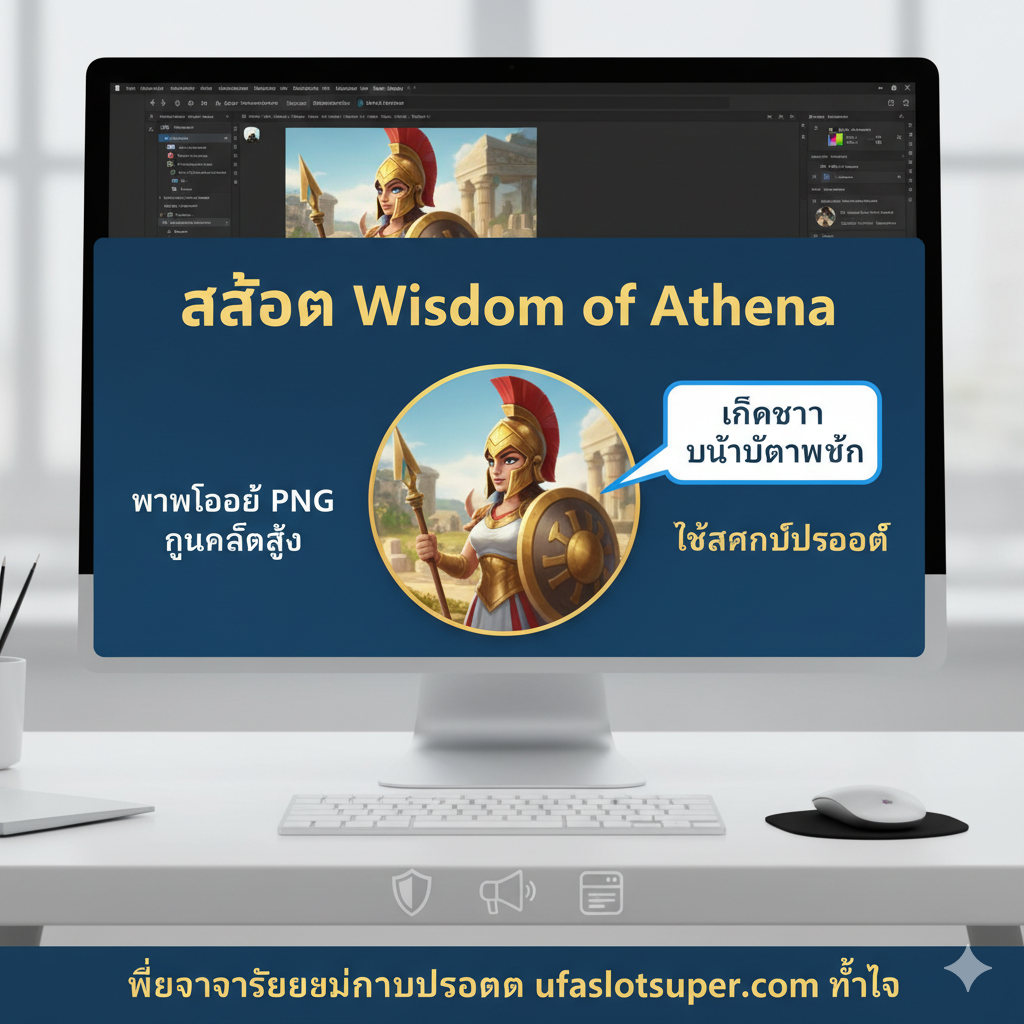教程指导图,展示如何将PNG素材应用到推广场景。图片的主体是一个网页或社交媒体帖子的模拟界面。在模拟界面的核心位置,展示使用“Wisdom of Athena Logo PNG”作为标题,并使用雅典น่า女神的PNG形象作为插图的实际效果。背景为简洁的工作台或设计软件界面,旁边有一个鼠标光标,暗示“คลิกขวา บันทึกภาพเป็น” (Right-click Save As)。下方用小图标和泰语文字提示使用权限,强调“เพื่อวัตถุประสงค์ในการโปรโมท ufaslotsuper.com เท่านั้น”。