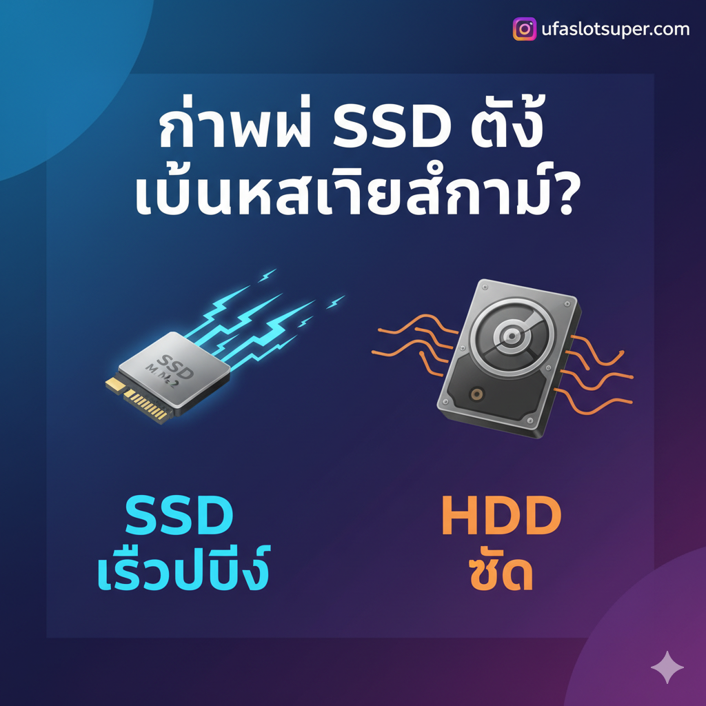 ภาพเปรียบเทียบเชิงกราฟิกแสดงความแตกต่างของความเร็วระหว่าง HDD และ SSD เพื่อเน้นย้ำถึง 'ทำไม SSD ถึงเป็นหัวใจสำคัญ' แสดงไอคอนรูป SSD M.2 (ขนาดเล็กและทันสมัย) และไอคอนรูป HDD (ขนาดใหญ่และเก่า) โดยมีเส้นกราฟความเร็วในรูปของสายฟ้าฟาดออกจาก SSD และเป็นเส้นที่คดเคี้ยว/ช้าออกจาก HDD พื้นหลังเป็นโทนสีเข้ม-น้ำเงินที่ดูเป็นเทคโนโลยี และมีตัวอักษรภาษาไทยเน้นคำว่า 'SSD เร็วปรี๊ด' และ 'HDD ช้า' เพื่อเน้นย้ำถึงคุณสมบัติหลักของ SSD