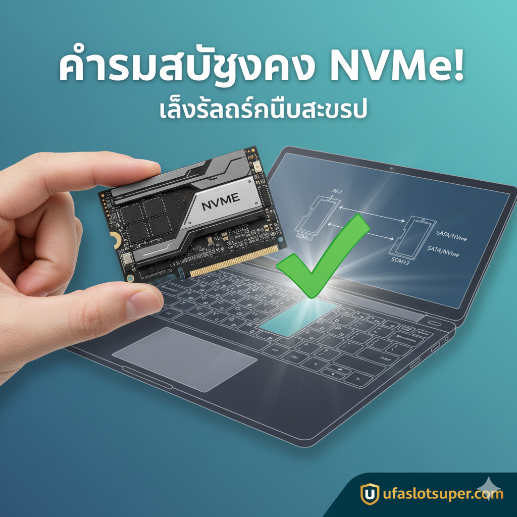 ภาพสรุปขั้นตอนสุดท้าย แสดงภาพมือกำลังถือ SSD M.2 NVMe ที่ดูทันสมัยและประสิทธิภาพสูง ใกล้กับภาพไดอะแกรมของแล็ปท็อปที่แสดงช่องเสียบ SSD M.2 ว่างและสล็อต SATA/NVMe อย่างชัดเจน มีเครื่องหมายถูกสีเขียว (Checkmark) เพื่อสื่อถึงการตรวจสอบเสร็จสิ้นแล้วและพร้อมสำหรับการซื้อและติดตั้ง เน้นโทนสีที่สื่อถึงความสำเร็จและการลงทุนที่คุ้มค่า (สีเขียว/น้ำเงิน) พร้อมข้อความหลักสั้นๆ ภาษาไทย เช่น 'พร้อมอัปเกรด NVMe! เล่นสล็อตไม่มีสะดุด' เป็นการสรุปและกระตุ้นการตัดสินใจ