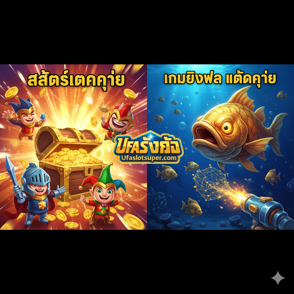 一张对比信息图，展示Ufaslotsuper的功能。左侧标记为“Vpower Slot Game”，显示一个沮丧的用户看着时钟和一个“待处理”图标，象征着提款缓慢。右侧标记为“Ufaslotsuper.com”，展示一个快乐的用户通过手机接收数字硬币，并显示“30 วินาที”（30秒）的计时器。使用绿色（成功）และ金色（高级）来突出Ufaslotsuper的快速自动存取款系统，作为Vpower问题的解决方案。