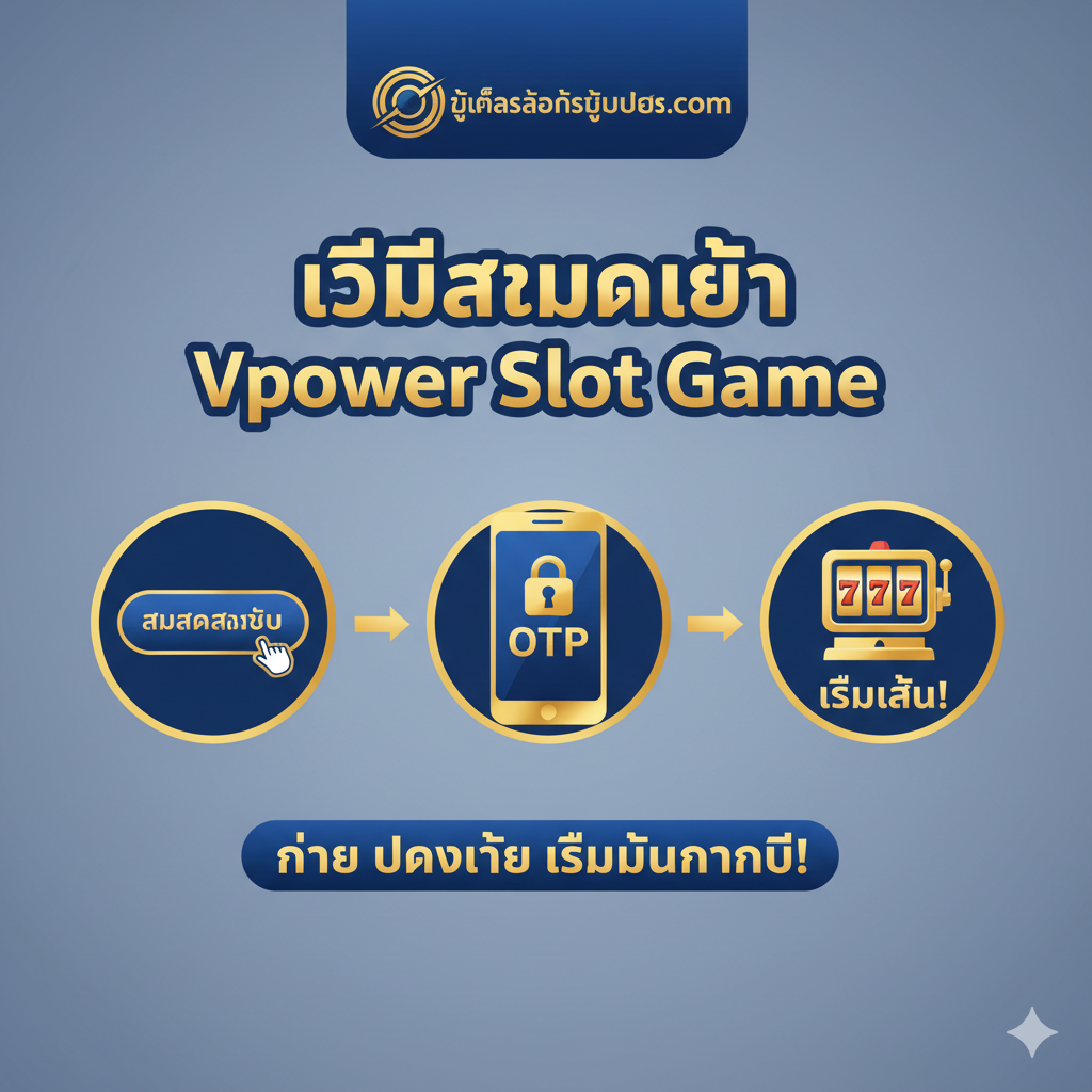 一个清晰的3步视觉教程，指导用户从搜索“Vpower slot สมัคร”（Vpower注册）转向Ufaslotsuper。图片显示三个简单的图标：1. 标有“สมัครสมาชิก”（注册）的点击按钮。2. 标有“OTP”的手机。3. 标有“เริ่มเล่น!”（开始游戏）的老虎机图标。顶部有“Ufaslotsuper.com”徽标。背景简洁、专业，使用蓝色和金色调色板，传达安全和易用性，展示了替代Vpower的简单注册流程。