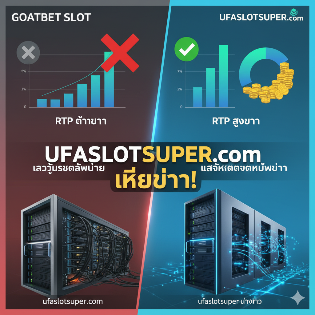 ภาพแสดงความได้เปรียบของ UFASLOTSUPER ในด้านอัตราการจ่าย (RTP) และความเสถียรของระบบ กราฟิกเน้นการเปรียบเทียบเชิงสถิติ มีกราฟแท่งหรือแผนภูมิวงกลมที่แสดงค่า RTP ของ UFASLOTSUPER สูงกว่าอย่างชัดเจน พร้อมข้อความ 'RTP สูงกว่า' และ 'แจ็คพอตแตกบ่อยกว่า' ใช้ภาพเซิร์ฟเวอร์หรือโครงสร้างเครือข่ายที่มั่นคงและแข็งแรงเพื่อสื่อถึงระบบที่เสถียร ไม่มีปัญหาทางเข้าล่ม (เข้าไม่ได้) โทนสีเน้นความน่าเชื่อถือ เช่น สีน้ำเงินและสีเขียว โดยมีสัญลักษณ์ '✔' ขนาดใหญ่เพื่อยืนยันข้อดีของ UFASLOTSUPER