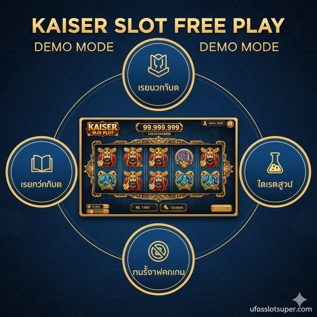 ภาพแสดงคอนเซ็ปต์ของ 'Kaiser Slot Free Play' หรือ 'Demo Mode' ในลักษณะอินโฟกราฟิกที่เข้าใจง่าย มีหน้าจอเกมสล็อต 'Kaiser Slot' อยู่ตรงกลาง แสดงผลเครดิตเสมือนจริง (Demo Credit) ที่ตัวเลขมากมาย โดยมีวงกลมหรือกล่องข้อความสามกล่องรอบๆ ที่เขียนว่า 'เรียนรู้กติกา', 'ทดสอบสูตร', และ 'ไม่ต้องฝากเงิน' เน้นโทนสีน้ำเงิน-ทอง สื่อถึงความน่าเชื่อถือและความหรูหราของเกม ใช้ฟอนต์ที่อ่านง่ายและมีสไตล์ เหมาะสำหรับส่วนที่อธิบายถึงคุณสมบัติของโหมดทดลองเล่น