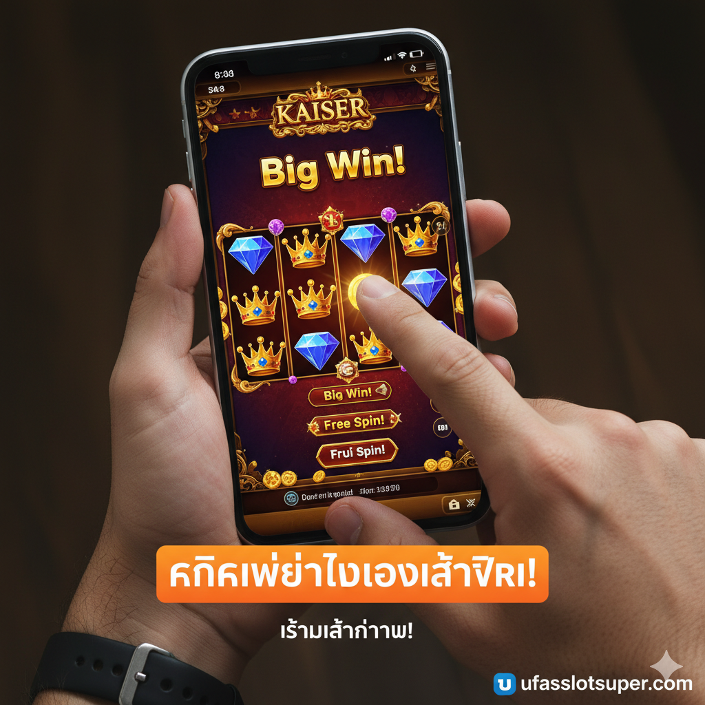ภาพสรุปและกระตุ้นการตัดสินใจ (Call to Action - CTA) แสดงภาพมือที่กำลังแตะหน้าจอโทรศัพท์มือถือที่กำลังแสดงผลหน้าเกม Kaiser Slot ที่มีคำว่า 'ชนะรางวัลใหญ่' (Big Win) หรือ 'Free Spin' เน้นภาพในมุมมองบุคคลที่หนึ่ง (First-person view) ที่แสดงความตื่นเต้นของการเล่น มีปุ่ม 'คลิกเพื่อทดลองเล่นฟรี' หรือ 'เริ่มเล่นตอนนี้' ที่โดดเด่นอยู่ในส่วนล่างของภาพ ใช้โทนสีสดใสและมีชีวิตชีวาเพื่อสื่อถึงความสนุกและการเริ่มต้นใหม่ พร้อมสัญลักษณ์โลโก้ ufaslotsuper.com เล็กๆ เพื่อยืนยันแหล่งที่มาของบริการ