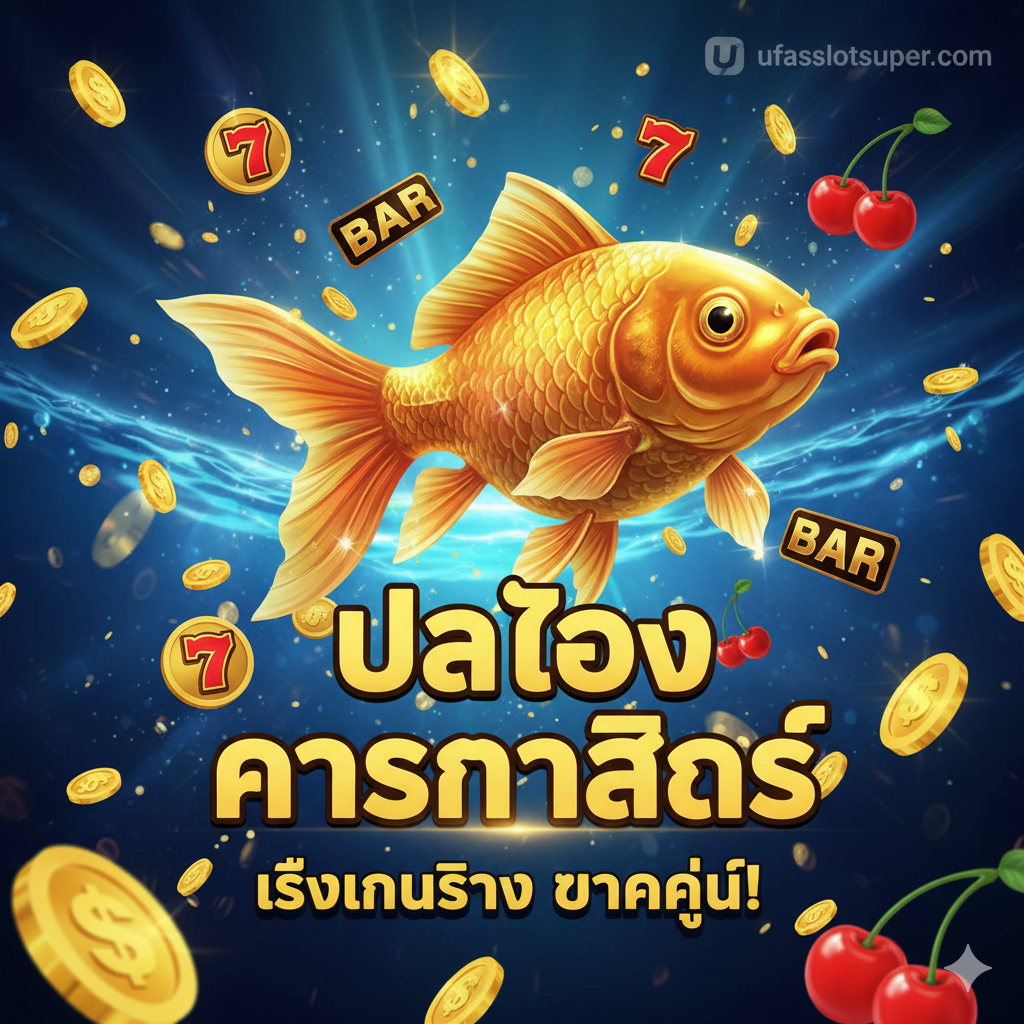ภาพเปรียบเทียบระหว่างหน้าจอแอปพลิเคชัน 'Gold Fish Casino Slots' เวอร์ชั่นเล่นฟรี (Social Casino) ที่มีเหรียญ/ชิปเกม กับหน้าจอเกมสล็อตธีมปลาทองที่แนะนำบน ufaslotsuper.com (เช่น Big Bass Bonanza หรือ Fish Hunter) โดยมีป้าย 'PLAY FOR FREE' และ 'PLAY FOR REAL MONEY' ชัดเจน จัดวางในรูปแบบตารางเปรียบเทียบแบบแบ่งครึ่ง (Split Screen) เน้นโทนสีฟ้า/น้ำเงินสำหรับฝั่งเล่นฟรี และสีเขียว/ทองสำหรับฝั่งเล่นเงินจริง องค์ประกอบต้องมีภาพสัญลักษณ์การถอนเงิน (ลูกศรออก, สัญลักษณ์ธนาคาร) อยู่บนฝั่ง 'เล่นเงินจริง' เพื่อเน้นย้ำคุณสมบัติการฝาก-ถอนได้จริง
