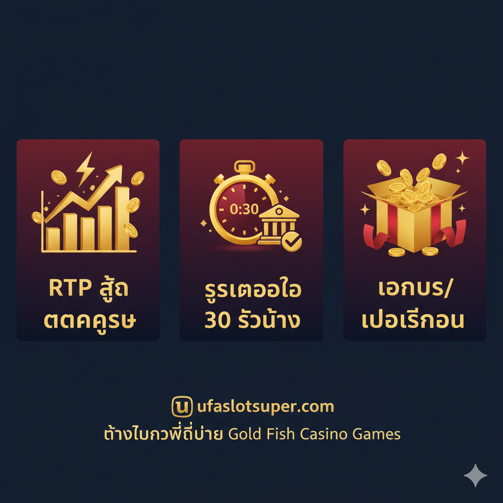ภาพแสดงข้อดีของการเล่นสล็อตทางเลือกที่ดีกว่า Gold Fish Casino Games บน ufaslotsuper.com โดยเน้น 3 จุดเด่นหลัก: 1. 'RTP สูง/แตกง่าย' (แสดงด้วยกราฟแท่งสูงๆ หรือสัญลักษณ์แจ็คพอตแตก) 2. 'ระบบออโต้ 30 วินาที' (แสดงด้วยนาฬิกาจับเวลาและสัญลักษณ์ธนาคาร) และ 3. 'โบนัส/โปรโมชั่น' (แสดงด้วยกล่องของขวัญ/เหรียญทอง) ใช้โทนสีแดงและทองเพื่อสร้างความรู้สึกถึง 'ความคุ้มค่า' และ 'ผลกำไร' การจัดวางองค์ประกอบเป็นแบบ 3 เสา (Three-Column Layout) พร้อมพื้นหลังสีดำหรือน้ำเงินเข้มเพื่อให้ไอคอนและข้อความโดดเด่นขึ้นมา
