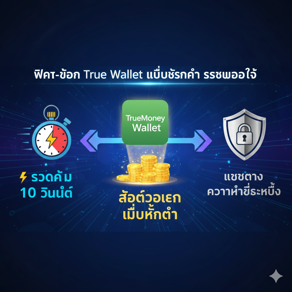 一张聚焦核心功能的图示。画面分成三个主要区域，以流程图或信息图表的形式展示“ฝาก-ถอน True Wallet ไม่มีขั้นต่ำ ระบบออโต้”。左侧是一个卡通化的时钟或秒表，搭配“⚡️ รวดเร็ว 10 วินาที”的泰语文字，强调速度；中间是一个巨大的“TMW” (TrueMoney Wallet) Logo，连接着一个闪耀的金币堆或筹码，代表“สล็อตวอเลท ไม่มีขั้นต่ำ”；右侧是一个锁头或盾牌的图标，象征“เว็บตรง ความน่าเชื่อถือ”。整体背景采用科技感的蓝色或紫色渐变，线条流畅，视觉上将速度、便利和安全性三个关键功能点明确区分并突出。