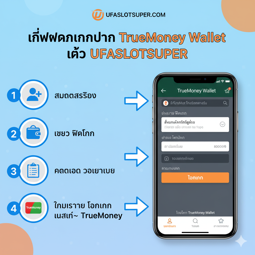 一张清晰易懂的步骤指导图。以手机界面截图的风格为主，展示用户如何从TrueMoney Wallet转账到老虎机账户的流程。图中有4个带数字编号的步骤图标：1. 注册/สมัคร (带有用户名图标)；2. 选择ฝากเงิน/Deposit (带有钱包图标)；3. 复制วอเลทเบอร์/Copy Wallet Number (带有剪贴板图标)；4. 手机操作โอนเงิน/Transfer (带有True Wallet App的界面模拟)。色彩明亮，使用箭头清晰指示操作方向，整体风格简约务实，确保用户能一眼看出操作步骤的顺序和关键点。