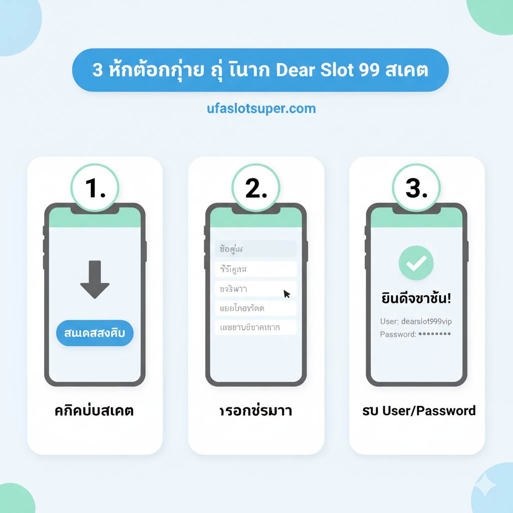 教程指导图，展示“3 ขั้นตอนง่าย ๆ ในการ Dear Slot 99 สมัคร” (3个简单注册步骤)。使用并列的三个编号卡片或手机界面截图，分别代表：1. คลิกปุ่มสมัคร (点击注册按钮)，2. กรอกข้อมูล (填写信息)，3. รับ User/Password (获取用户/密码)。采用简洁明快的白色背景和柔和的主题色，配上泰语的简短说明，突出过程的简单和快速。整体设计应像一个用户友دهای信息图表。