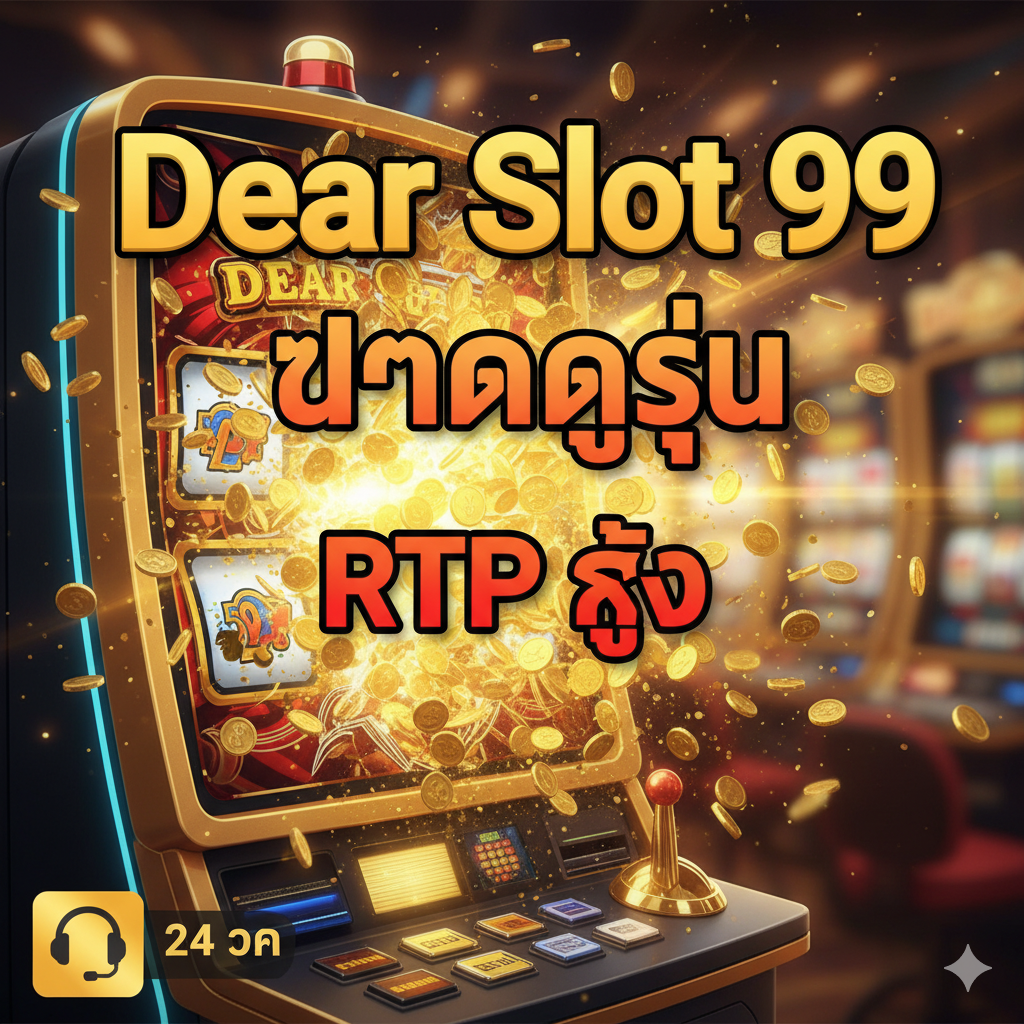 优势特点图，聚焦于“แตกง่ายจริงไหม” (容易爆奖吗) 和 “RTP สูง” (高RTP)。画面中心可以是一个被砸开的存钱罐或一个爆发出大量金币的老虎机大奖画面，配上泰语“Dear Slot 99 แตกง่าย”และ“RTP สูง”的标签。色彩使用金币的金色和胜利的红色，营造兴奋感。在角落可以添加一个象征“24 ชม.”服务的客服耳机图标，以体现全天候支持，强调高赔付率和可靠性。
