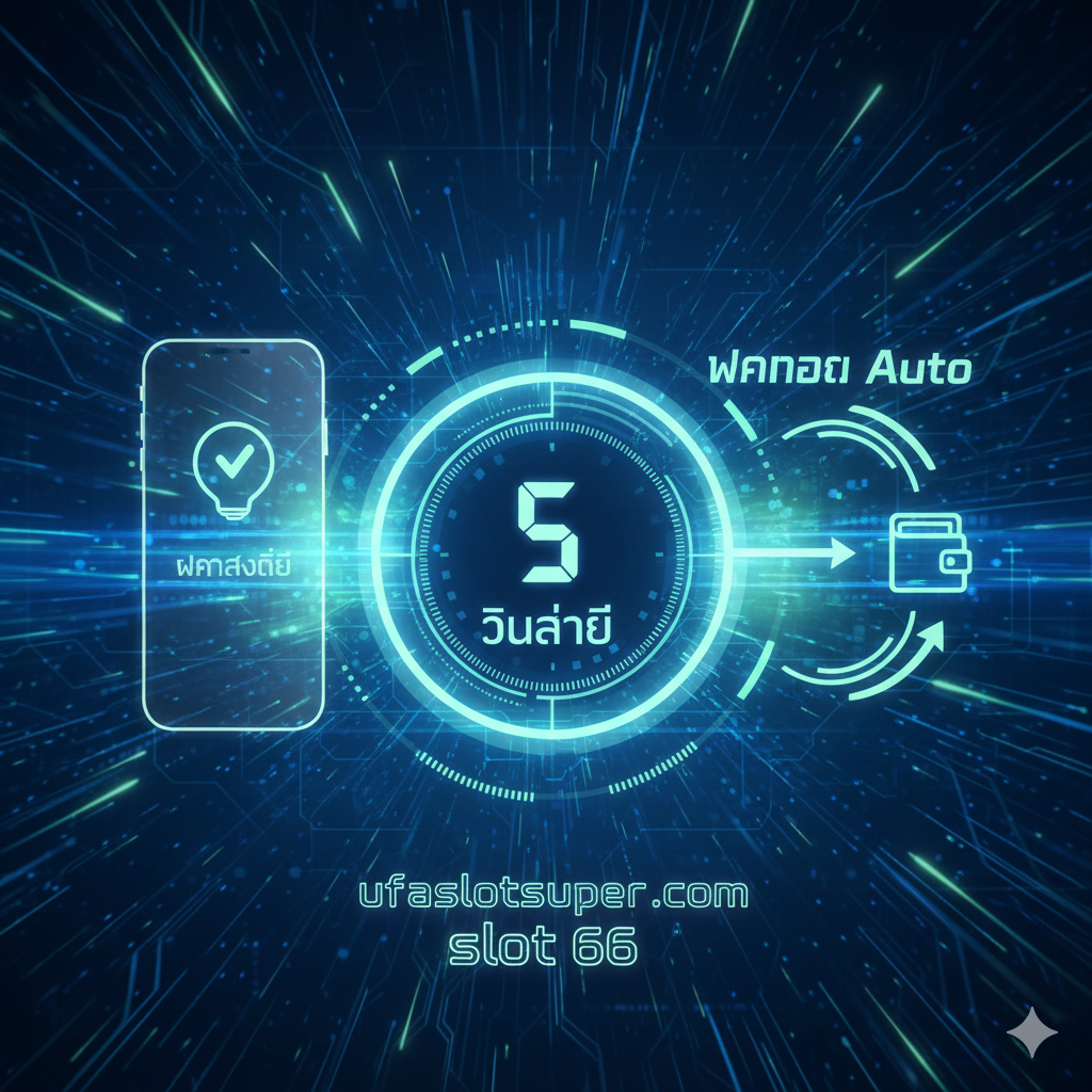 设计一张展示“ฝากถอน Auto 5 วินาที” (Auto Deposit-Withdrawal 5 Seconds) 核心功能的图片。构图应侧重于科技感和速度。中心是一个巨大的、数字化的计时器，显示“5 วินาที” (5 Seconds)，周围有流动的光线和电路板图案，象征AI和自动化系统。左侧是手机屏幕的剪影，显示存款成功的通知；右侧是象征银行或钱包的图标，并用箭头连接，强调交易的快速和无缝。整体采用蓝色和浅绿色的科技未来感配色。