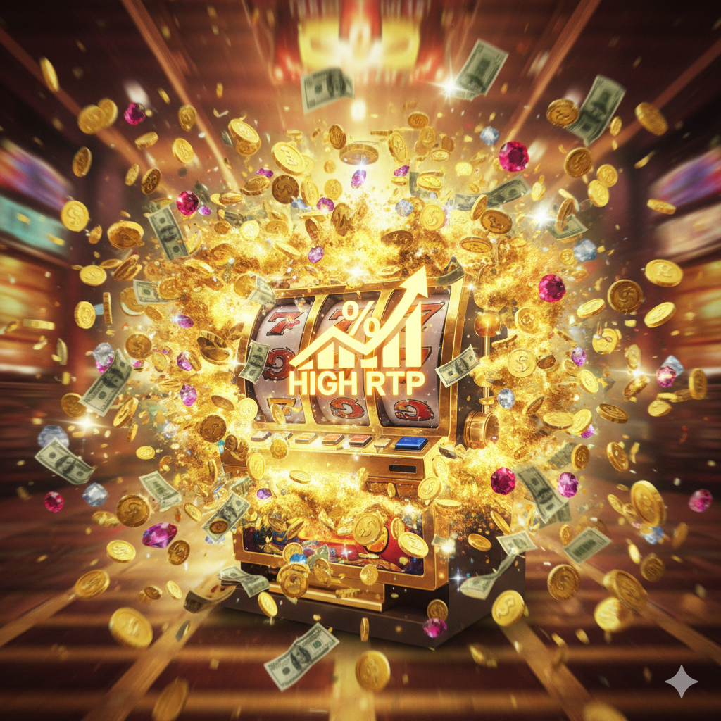 设计一张强调游戏“แตกง่าย โบนัสเยอะ” (Easy Break, Lots of Bonuses) 和“RTP สูง” (High RTP) 优势的图片。画面中央是一个巨大的、爆开的金色老虎机，大量的金币、宝石和现金从机器中喷涌而出，形成财富的瀑布。在爆炸的核心位置，可以嵌入一个百分比符号（%）或一个统计图表，象征高RTP。风格应极其动态和令人兴奋，使用高饱和度的金色、红色和黄色，背景可以模糊化以突出前景的财富。