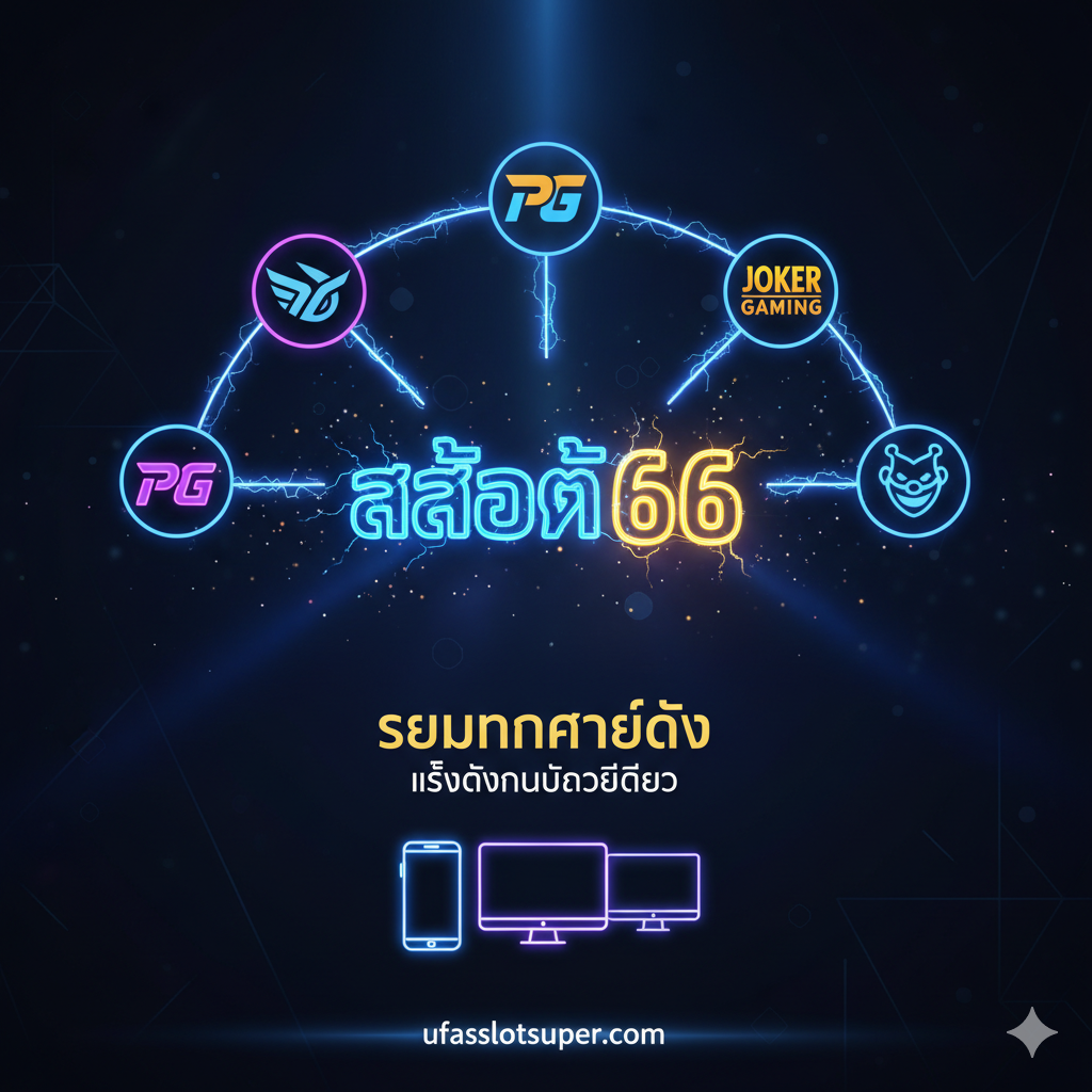 设计一张概括性图片，突出“รวมทุกค่ายดัง” (All Famous Camps Included) 和“เล่นได้ในบัญชีเดียว” (Play in One Account) 的主题。核心是一个发光的、立体的“Slot 66”标志，周围环绕着或连接着知名的游戏品牌Logo（例如PG Soft, Joker Gaming的抽象化表示）。底部应有手机、平板和电脑的图标，象征全平台支持。整体构图采用深蓝色或黑色背景，配合霓虹灯和电光效果的线条，强调统一、全面的游戏平台概念，营造出高级俱乐部的感觉。