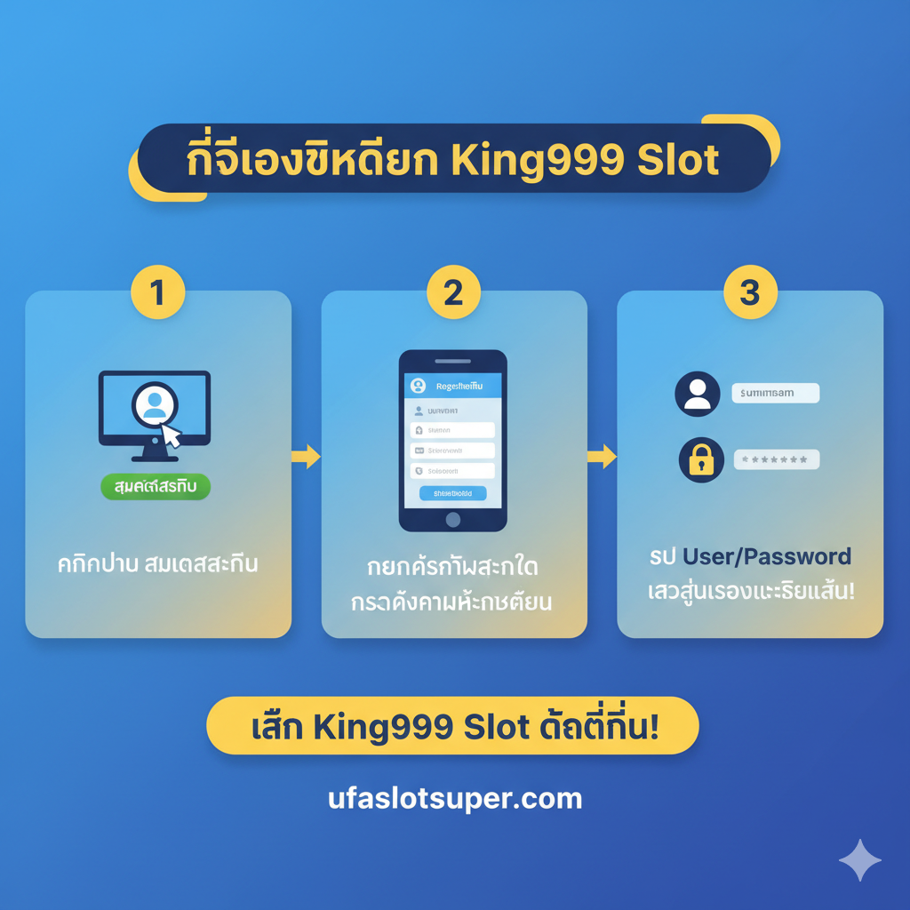 ภาพแสดงขั้นตอนที่ชัดเจน 3 ขั้นตอน แนะนำผู้ใช้ให้ลงทะเบียนบน 'ufaslotsuper.com' แบ่งเป็น 3 ส่วนด้วยตัวเลข 1-2-3 ขั้นตอนที่ 1: ไอคอนเมาส์คลิกปุ่ม 'สมัครสมาชิก' ขั้นตอนที่ 2: ไอคอนฟอร์มกรอกข้อมูลส่วนตัว ('กรอกข้อมูล') ขั้นตอนที่ 3: ไอคอน User และ Password ('รับ User/Password') แต่ละส่วนมีคำอธิบายภาษาไทยแบบย่อ การออกแบบเป็นแบบ Flat Style สีสันสดใสเข้าใจง่าย มีที่อยู่เว็บไซต์ 'ufaslotsuper.com' ที่ด้านล่าง