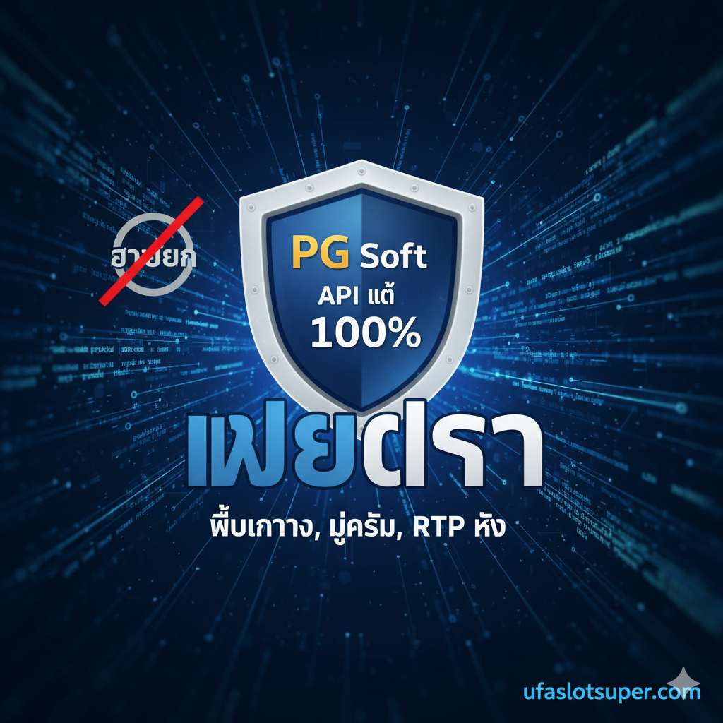 ภาพที่มีจุดเน้นคือความได้เปรียบทางเทคนิคและความน่าเชื่อถือของ “เว็บตรง API แท้” (Web Direct True API). องค์ประกอบหลักคือไอคอนรูปโล่หรือแม่กุญแจ, ตรงกลางมีข้อความ “PG Soft API 100%” พื้นหลังเป็นเครือข่ายดิจิทัลหรือสายข้อมูลที่ซับซ้อน, เป็นสัญลักษณ์ของการเชื่อมต่อโดยตรงและมีการเข้ารหัสกับเซิร์ฟเวอร์หลักของเกม, ใช้โทนสีฟ้าและเงินเพื่อแสดงถึงความเป็นมืออาชีพและความปลอดภัย. โครงสร้างภาพควรจะมีสัญลักษณ์ “เอเย่นต์” (Agent) ที่ถูกขีดฆ่าไว้ที่มุม, ซึ่งแตกต่างจาก “เว็บตรง” ที่โดดเด่นอยู่ตรงกลาง, เป็นการสื่อสารทางภาพที่แข็งแกร่งถึงข้อความหลัก “ไม่มีคนกลาง, เป็นธรรม, และมี RTP สูง” เพื่อเสริมสร้างความน่าเชื่อถือให้กับ ufaslotsuper.com.