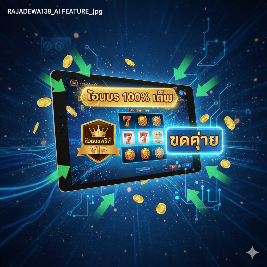 此图着重于rajadewa138的专属特权和AI分析功能。构图应展示一个手机/电脑界面，界面上显示着100% Bonus的标语和VIP/Exclusive Offer的标志。在界面的周围，有绿色箭头和图表代表AI分析，指向一个 "แตกง่าย" (易爆奖) 的提示框。色彩以金币的金色和AI的科技蓝为主，强调高额奖金和智能辅助的结合，突出独家会员的身份。