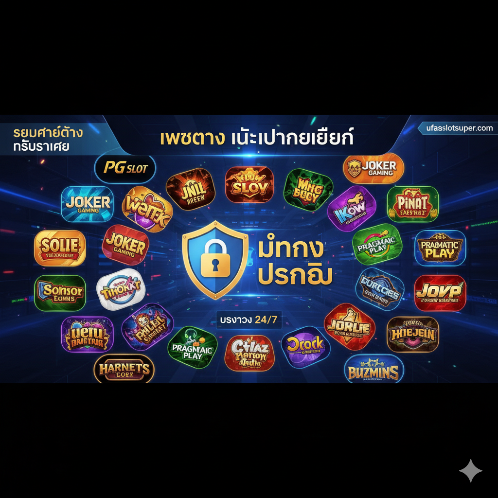 优势图聚焦于เว็บตรง ไม่ผ่านเอเย่นต์ (Direct Web, No Agent) 和多样性。画面应为一个宏大的游戏大厅界面，展示多个知名Slot Gaming提供商的Logo（例如PG, Joker, Pragmatic Play等）。构图中心使用一个盾牌或锁头图标，旁边文字注明มั่นคง ปลอดภัย (Stable & Secure)，下方是24/7 Service的标识。整体风格应充满活力和专业感，色彩丰富，代表游戏选择的多样性_和平台的可靠性。