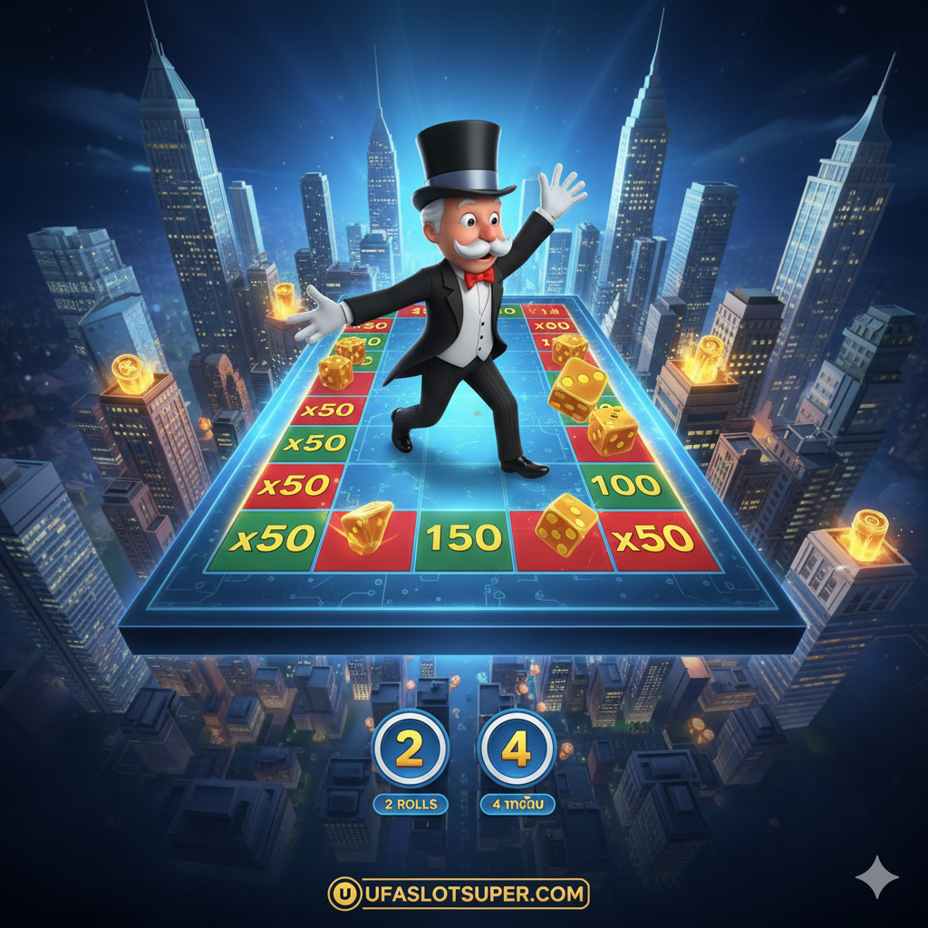 ภาพฟีเจอร์ 3D 奖励环节ของ Monopoly Live แสดง Mr. Monopoly กำลังเดินบนกระดาน Monopoly เสมือนจริง มีตัวคูณขนาดใหญ่ (x50, x100) ปรากฏอยู่ พร้อมเน้นความสำคัญของ 2 ROLLS และ 4 ROLLS