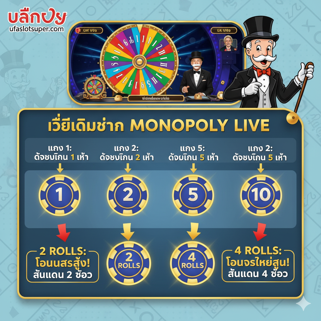 ภาพแสดงอินเทอร์เฟซการเดิมพันของ Monopoly Live โดยเน้นที่ตัวเลือก 6 ช่อง (1, 2, 5, 10, 2 ROLLS, 4 ROLLS) พร้อมคำอธิบายอัตราจ่ายที่เรียบง่ายและเน้นช่องโบนัส