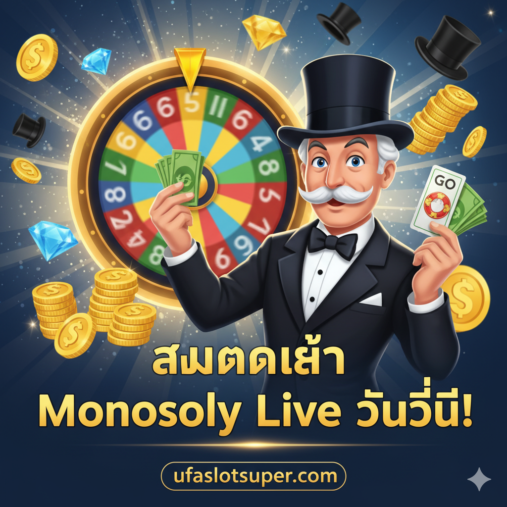 ภาพ Call to Action มี Mr. Monopoly ถือเงิน พร้อมข้อความภาษาไทยเด่นชัดว่า 'สมัครเล่น Monopoly Live วันนี้!' และ 'ลุ้นรวยแบบเศรษฐี!' พร้อมชื่อเว็บไซต์ ufaslotsuper.com