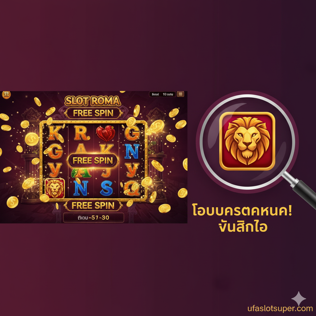 功能特性图，重点突出游戏的核心高回报机制：Free Spin 和 ฟันสิงโต (Lion Head Feature)。画面左侧是Slot Roma游戏界面中奖时的特写镜头，特别是Free Spin模式激活的画面，周围มี金币飞溅的动态效果。画面右侧用一个放大鏡或聚光灯聚焦ใน“ฟันสิงโต”的特写图标上，旁边配以泰文短语“โบนัสแตกหนัก! ฟันสิงโต” (Big Bonus! Lion Teeth)。背景色采用深红色或紫色，增强奢华感和神秘感，突出“แตกหนัก” (Heavy Break) 的主题。信息简洁明了，突出游戏最赚钱的玩法。