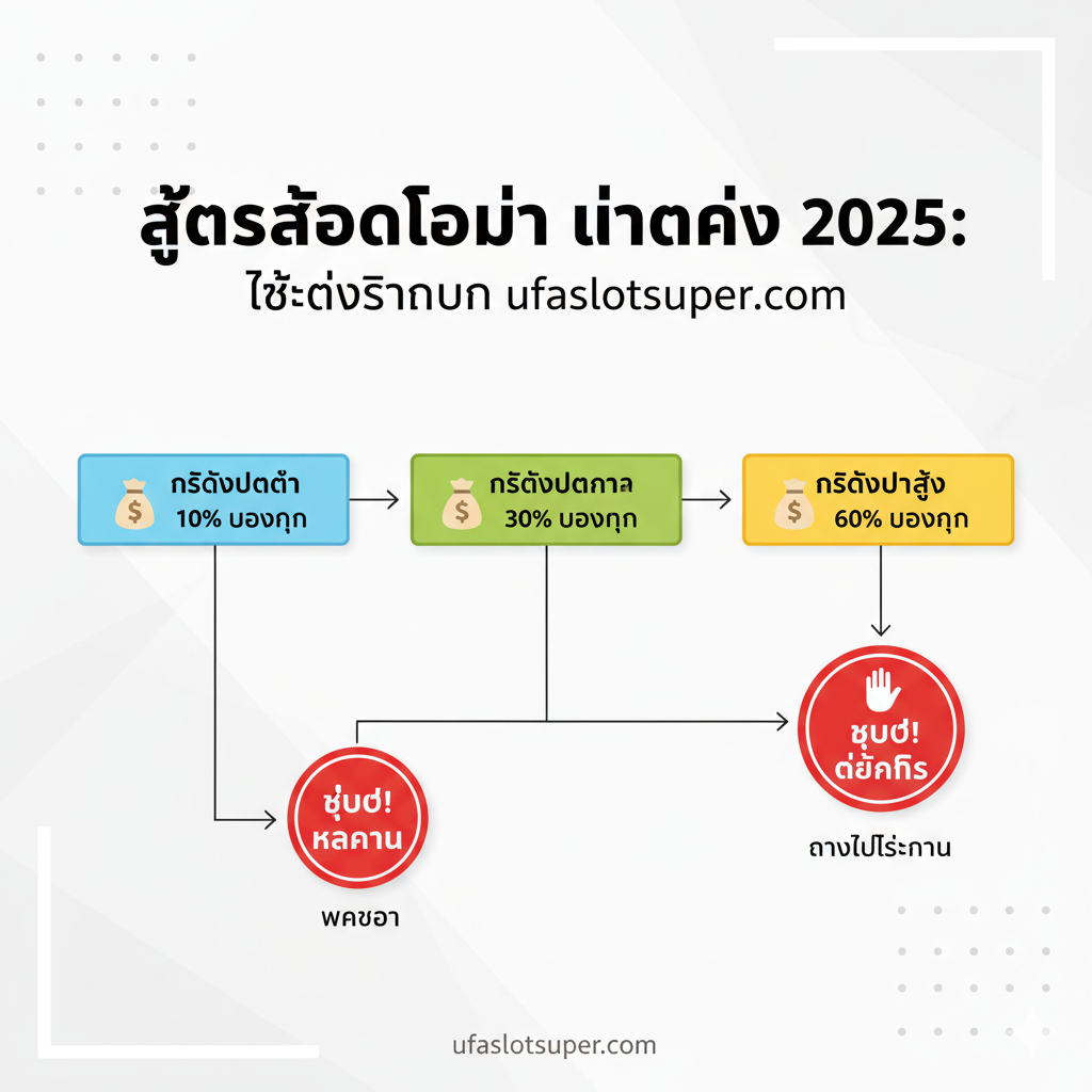 教程指导图，重点展示文章中的“สูตรการเดินเงิน” (Money Management) 和“เทคนิคการปรับเบท” (Betting Strategy)。画面主体是一个流程图或信息图表，用3个明显的步骤方框（代表低、中、高三个Betting Level）或3个钱袋图标（代表“10 แบ่ง 3”资金分配法）来表示。用箭头连接这些步骤，并在关键的“Profit”或“Stop”点放置一个红色的“STOP/GO”标志。色彩使用蓝、绿、黄等对比色，增强数据的可读性。ใน图表的顶部或底部，配上泰文标题“สูตรสล็อตโรม่า แตกง่าย 2025: ใช้ได้จริงบน ufaslotsuper.com”มา锚定站点และ时效性。