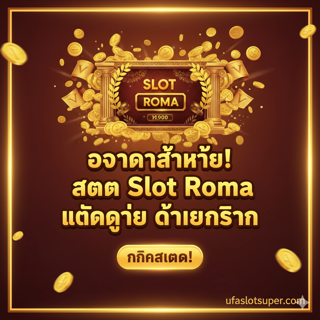 总结图，用于增强紧迫感和行动号召（Call-to-Action）。画面中央是Slot Roma游戏胜利界面的抽象化设计，周围环绕着大量金币、古代罗马金币和一些胜利的象征物，如桂冠或旗帜。画面主题是一个简洁有力的泰文标语，如“โอกาสสุดท้าย! สมัคร Slot Roma แตกง่าย ได้เงินจริง” (Last Chance! Register Slot Roma Easy Break Get Real Money)。使用暖色调如金黄、橙色และ深红，营造胜利和兴奋感。在图片醒目位置，留出空间或放置一个按钮图形，明确指向“คลิกสมัคร!” (Click to Register!)。