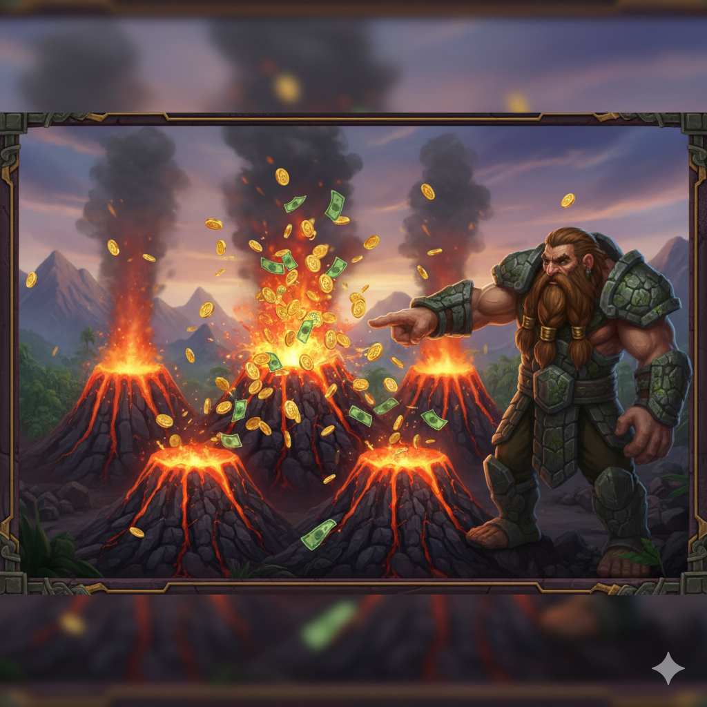 ภาพที่เน้นฟีเจอร์โบนัส 'The Giant Bonus' (โบนัสภูเขาไฟ) โดยเฉพาะ จัดองค์ประกอบให้เห็นหน้าจอโบนัสที่กำลังแสดงภูเขาไฟ 6 ลูก (หรือ 3-4 ลูกที่กำลังถูกเลือก) ยักษ์ใหญ่ควรยืนอยู่ข้างๆ เพื่อชี้ไปยังภูเขาไฟที่ระเบิดออกมาเป็นเหรียญทองหรือรางวัลเงินสด ใช้สีที่ตัดกันระหว่างหินภูเขาไฟสีดำ/เทา กับสีทอง/แดงของลาวาและรางวัล สื่อถึงการตัดสินใจที่นำไปสู่รางวัลใหญ่ในรอบโบนัสนี้