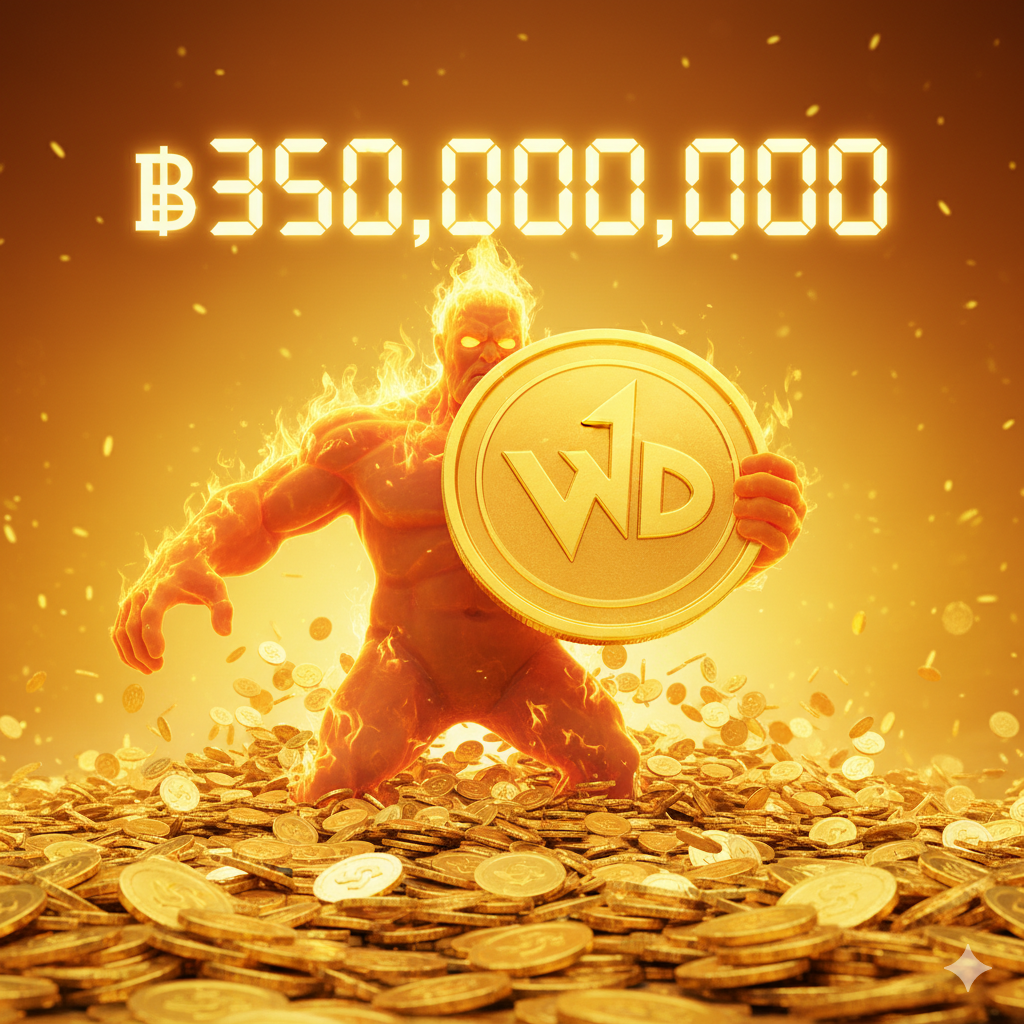 ภาพที่เน้น 'ศักยภาพแจ็คพอตเปลี่ยนชีวิต' ซึ่งเป็นข้อดีหลักของเกมนี้ แสดงภาพยักษ์ใหญ่สีส้มที่กำลังถือเหรียญทองขนาดใหญ่ (สัญลักษณ์ Wild) และมีกองเหรียญทองจำนวนมหาศาลล้นออกมาด้านล่าง เน้นตัวเลขรางวัลแจ็คพอตโปรเกรสซีฟที่สูงลิ่ว (เช่น $10,000,000) เป็นกราฟิกตัวเลขดิจิทัลที่สว่างไสวอยู่เหนือหัวยักษ์ ใช้โทนสีทองและสีสว่างเพื่อสื่อถึงความร่ำรวย ความหวัง และโอกาสในการเปลี่ยนแปลงชีวิต