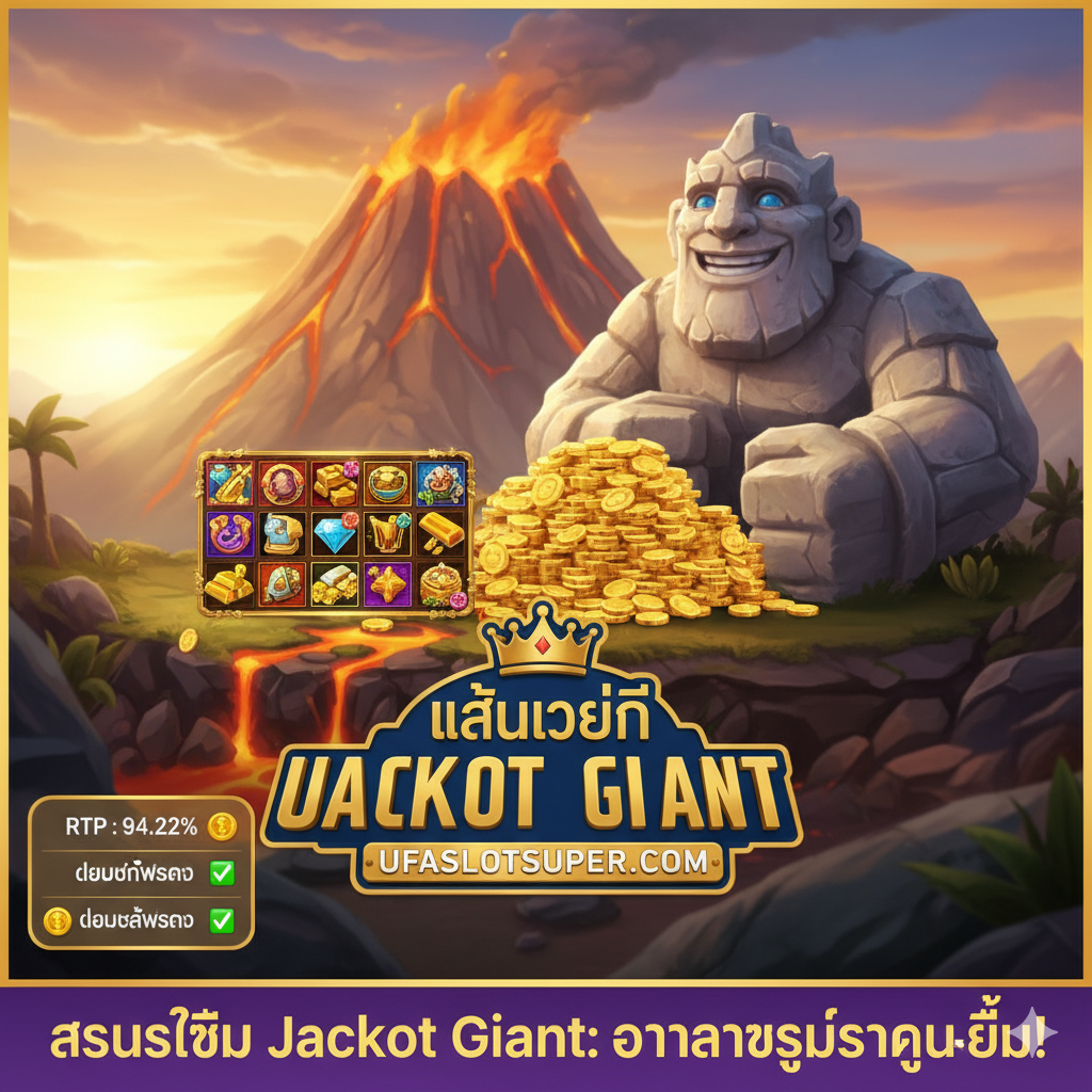 ภาพสรุปที่เป็นการปิดท้ายรีวิว โดยมีการรวมเอาองค์ประกอบสำคัญของเกมและโลโก้เว็บไซต์ 'ufaslotsuper.com' เข้าไว้ด้วยกัน ภาพควรมีฉากหลังที่เป็นมิตรแต่ยังคงมีภูเขาไฟและยักษ์ใหญ่ มีไอคอนหรือตารางสรุปเล็กๆ ที่แสดง RTP 94.22% และเงื่อนไข Max Bet อย่างชัดเจน เน้นข้อความเชิญชวนให้เล่นที่ 'ufaslotsuper.com' โดยใช้โทนสีที่น่าเชื่อถือและดึงดูดใจ เพื่อให้เป็นภาพสรุปและเป็น Call-to-Action ในการจบรีวิว