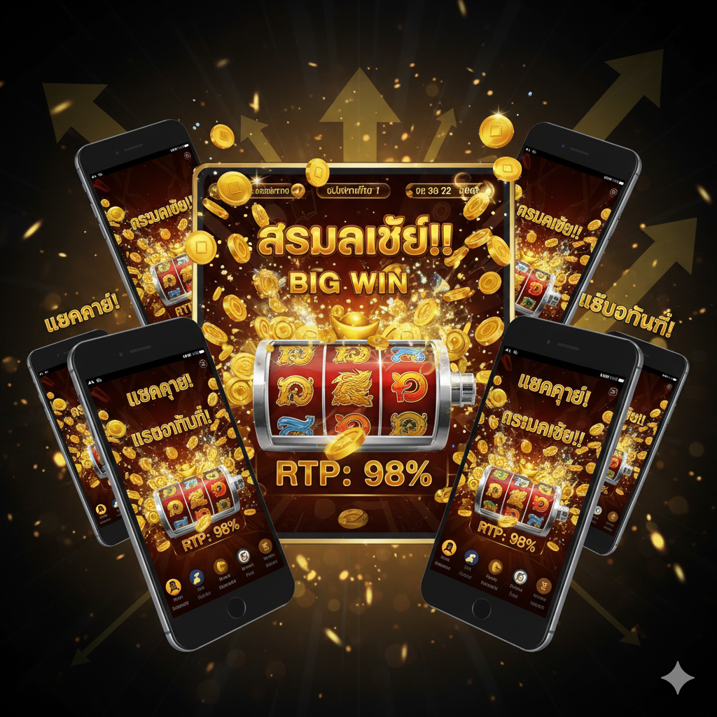 一张展示**'优势'的图片，结合'แตกง่าย'（易爆奖）和'เล่นบนมือถือ'（移动端优势）。图片中央是一个高RTP老虎机游戏画面的特写，有大量的金币飞出或'BIG WIN'字样。周围环绕着不同尺寸的手机和Pad**，展示游戏在多设备上的完美运行。背景可以有向上的箭头或📈图表，象征高回报率。色彩以鲜艳的金色、红色和黑色为主，营造出中奖的兴奋感。