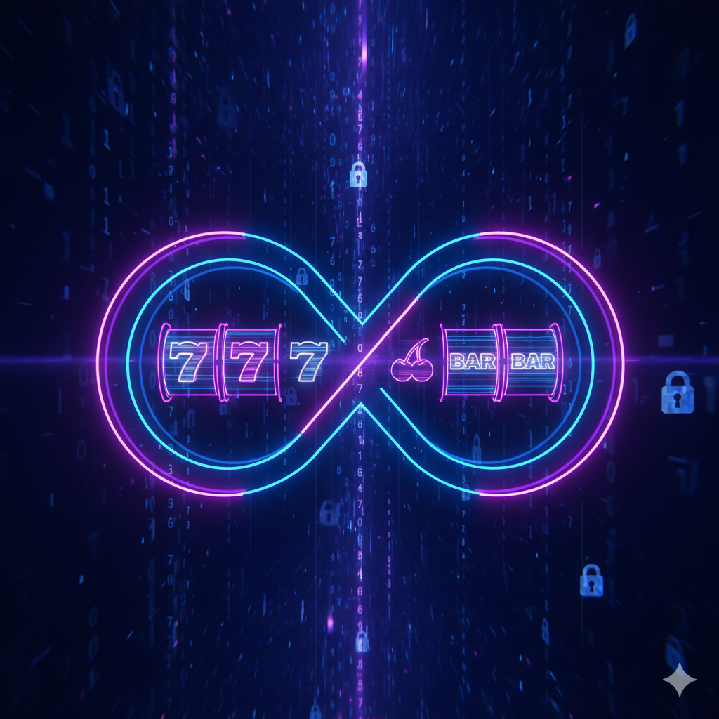 科技感十足的概念图，展示'24/7永不间断'的服务优势。画面中心是一个由霓虹灯管组成的巨大时钟或无限符号（Infinity），内部填充着老虎机的经典符号（777、樱桃、BAR）。背景是流动的数字矩阵和安全锁图标，象征着网站的稳定性和数据加密安全性。色彩以深蓝和电光紫为主，突显科技与信赖感。