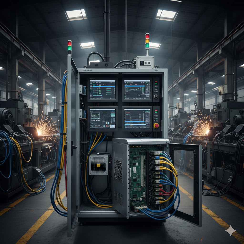 ภาพบรรยากาศภายในโรงงานอุตสาหกรรมหรือห้องควบคุมเครื่องจักร โดยมีตู้ควบคุมโลหะที่บรรจุคอมพิวเตอร์อุตสาหกรรม (Industrial PC) ซึ่งมีสายเคเบิลควบคุมจำนวนมากเชื่อมต่ออยู่ ภาพควรเน้นย้ำถึงความทนทานและเสถียรภาพของระบบคอมพิวเตอร์นี้ อาจมีแสงสีฟ้าหรือสีเหลืองอ่อนๆ จากหลอดไฟในโรงงานเพื่อเพิ่มมิติความรู้สึกของการทำงานหนักอย่างต่อเนื่อง