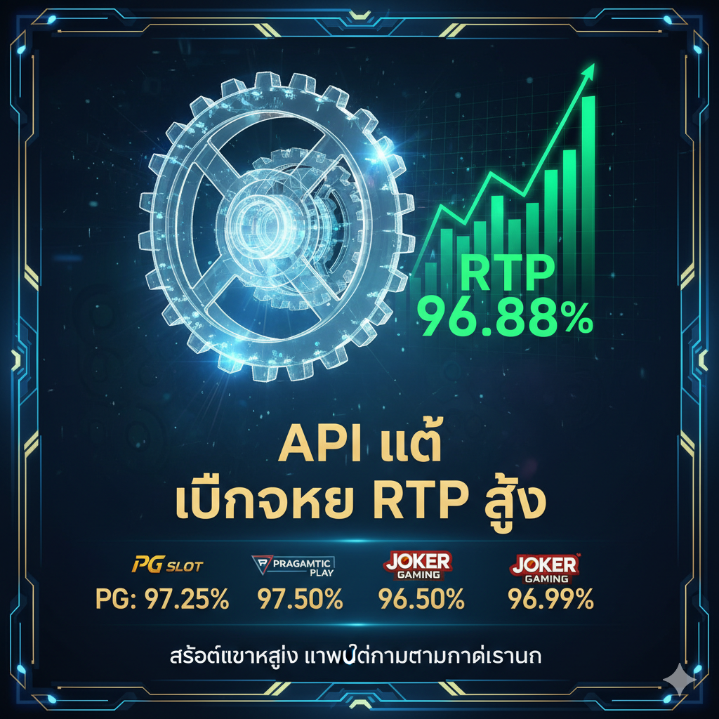 ภาพแสดงข้อได้เปรียบ (Advantage Image) เน้นการใช้ 'API แท้' และการเปิดเผย 'ค่า RTP' สื่อถึงความโปร่งใสและความยุติธรรมของเกม ภาพควรมีสัญลักษณ์ของความโปร่งใส เช่น ภาพกลไกที่มีล้อเฟืองแก้วที่มองทะลุได้ หรือภาพแท่งกราฟที่แสดงอัตราการจ่ายเงิน (RTP) ที่อยู่ในระดับสูง ใช้โทนสีน้ำเงินและสีเขียวเพื่อสื่อถึงความน่าเชื่อถือและความมั่นคง องค์ประกอบสำคัญคือภาพไอคอนค่ายเกมชั้นนำ (PG, PRAGMATIC PLAY, JOKER) พร้อมตัวเลขเปอร์เซ็นต์ RTP สูงที่แสดงอยู่ใกล้ ๆ เพื่อตอกย้ำว่า 'สล็อตแตกง่าย' นั้นเป็นข้อเท็จจริงที่วัดผลได้ตามมาตรฐานสากล
