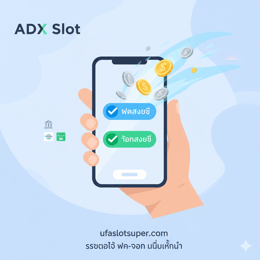 ภาพเน้นคุณสมบัติ 'ระบบออโต้ ฝาก-ถอน ไม่มีขั้นต่ำ' แสดงถึงความเร็วและความสะดวกสบาย องค์ประกอบควรประกอบด้วยภาพมือถือ (Smart Phone) ที่กำลังแสดงหน้าจอการทำธุรกรรม (Transaction Screen) ที่มีข้อความ 'ฝากสำเร็จ' และ 'ถอนสำเร็จ' พร้อมกับสัญลักษณ์ของสกุลเงินหรือเหรียญที่กำลังพุ่งออกมาจากหน้าจอโทรศัพท์อย่างรวดเร็ว (Speed Lines) ด้านข้างมีสัญลักษณ์ของธนาคารหรือ TrueMoney Wallet เล็กน้อย ใช้โทนสีฟ้าอ่อน, สีเงิน, และสีเขียว (เพื่อสื่อถึงความปลอดภัยและความสำเร็จ) สไตล์ภาพเป็นแบบ Minimalist Graphic Design หรือ Flat Design ที่ดูสะอาดตาและเน้นไอคอนชัดเจน