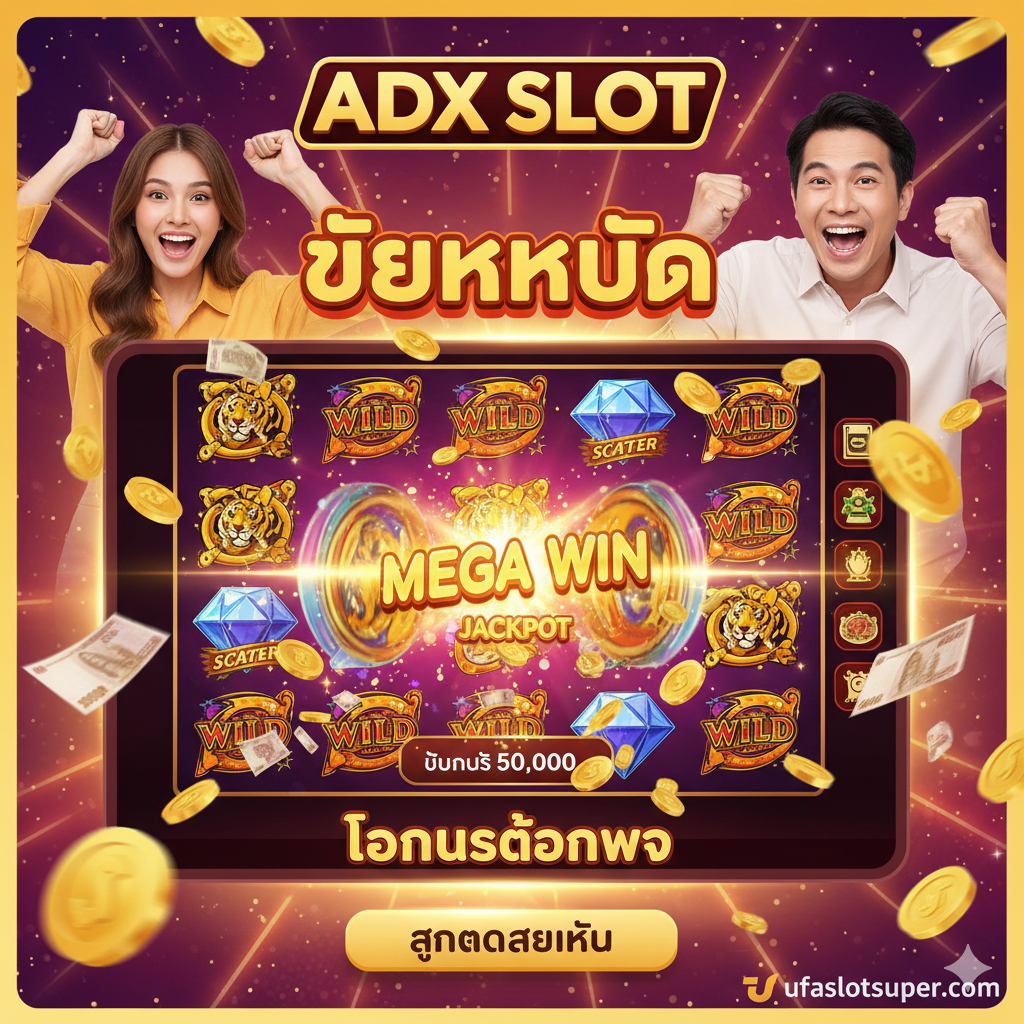 ภาพสรุปและกระตุ้นการตัดสินใจ เน้นคำว่า 'ADX SLOT แตกหนัก' และ 'โบนัสต้อนรับ' แสดงภาพของหน้าจอเกมสล็อตกำลังหมุนได้สัญลักษณ์ Wild หรือ Scatter จำนวนมากบนวงล้อ พร้อมกับเอฟเฟกต์ 'BIG WIN' หรือ 'JACKPOT' ที่สว่างวาบอยู่กลางภาพ มีฉากหลังเป็นผู้เล่นที่กำลังมีความสุขและชูมือขึ้นด้วยความดีใจ หรือเป็นภาพมุมมองบุคคลที่หนึ่งที่กำลังมองหน้าจอที่เต็มไปด้วยเหรียญรางวัล ใช้สีสันที่ฉูดฉาดและสดใส (Vibrant Colors) เช่น สีส้ม, สีเหลือง, และสีชมพู เพื่อสื่อถึงความสนุกและผลตอบแทนที่สูง พร้อมเน้นย้ำถึง 'สมัครสมาชิก' ในช่องข้อความที่ชัดเจน