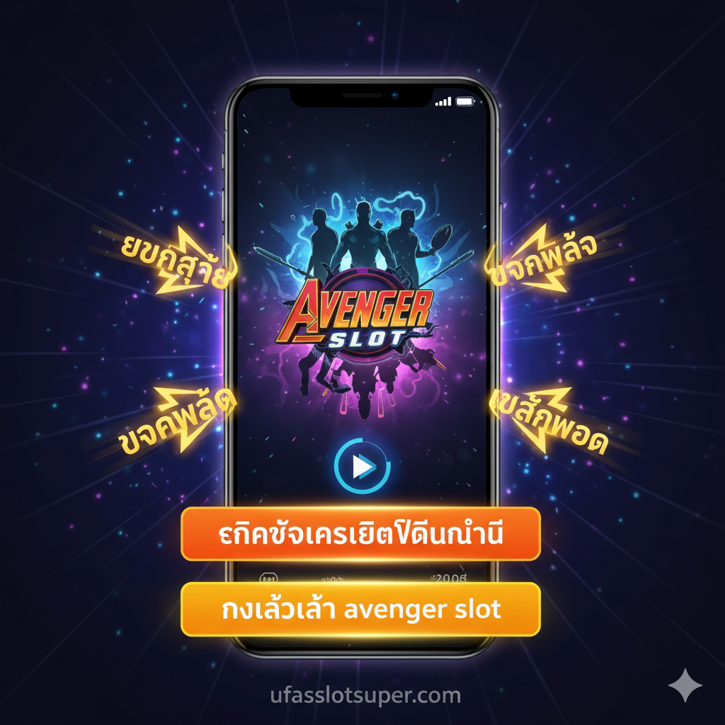 ภาพหน้าจอโทรศัพท์ขนาดใหญ่แสดงเกม Avenger Slot ที่น่าเล่นและมีปุ่ม “คลิกรับเครดิตฟรีทันที” และ “ทางเข้าเล่น avenger slot” เพื่อกระตุ้นให้ผู้ใช้ดำเนินการต่อ