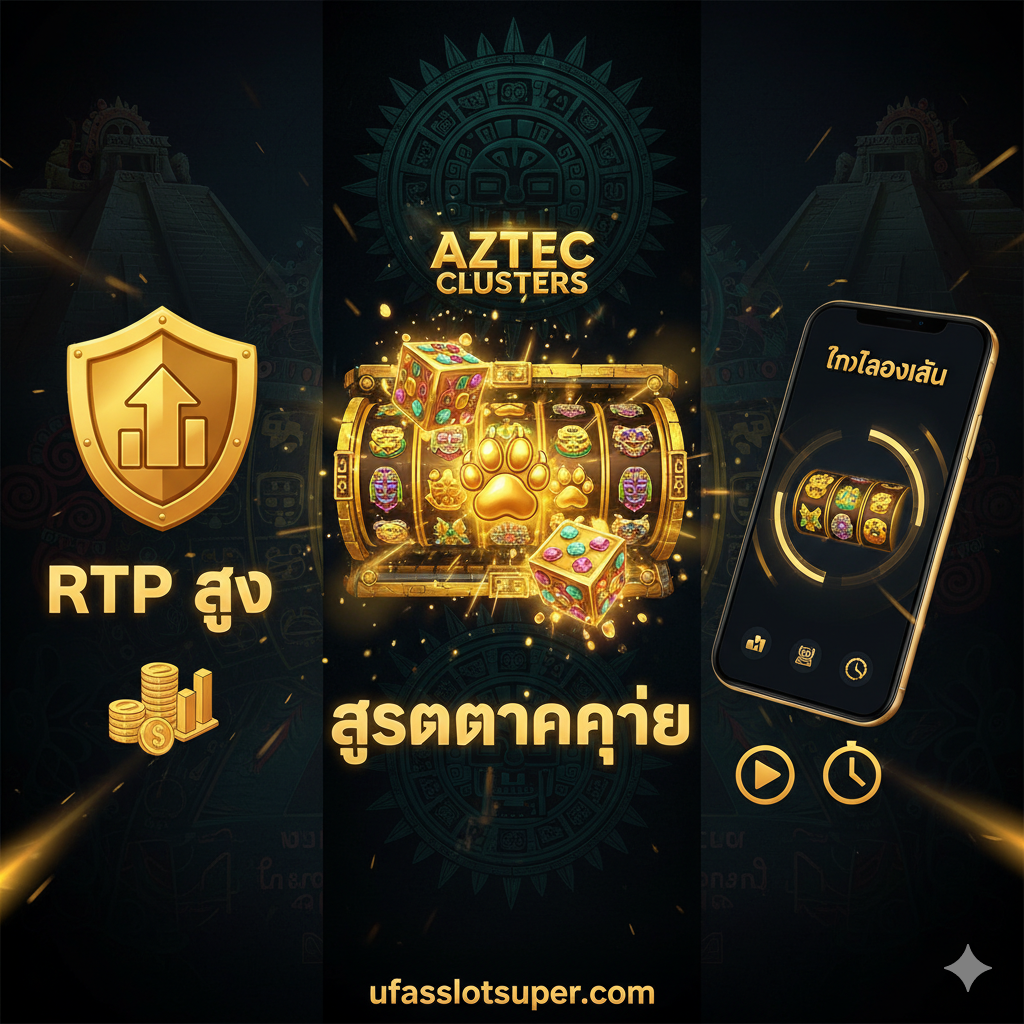 แสดงคุณสมบัติหลักของเกม BG Slot: RTP สูง หน้าจอเกม Aztec Clusters และอินเทอร์เฟซ 'ทดลองเล่น' บนมือถือ 