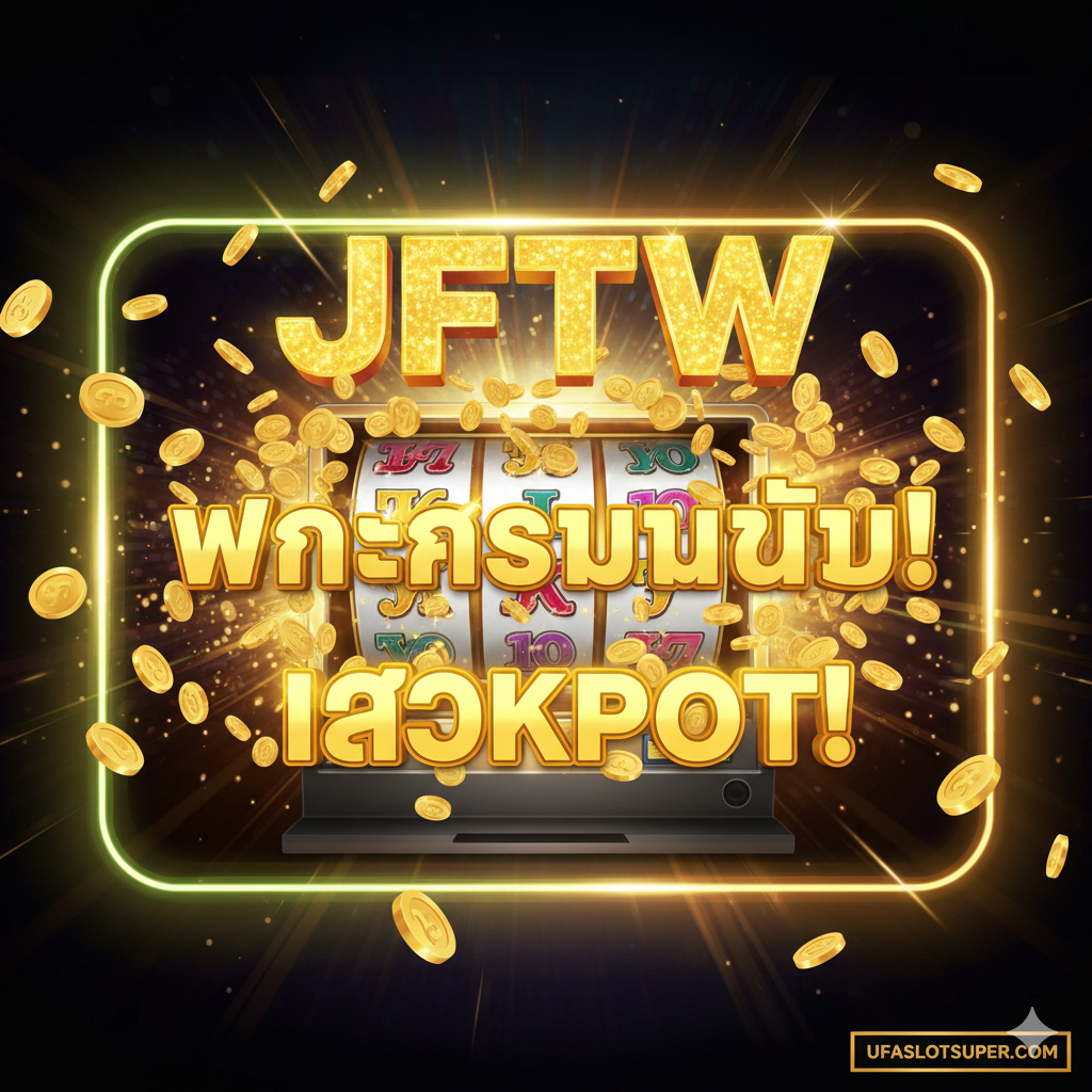 ภาพแสดงช่วงเวลาแห่งชัยชนะครั้งใหญ่ (BIG WIN) หรือการถูกแจ็คพอต (JACKPOT) จากเกมสล็อต JFTW ในสไตล์ที่เต็มไปด้วยความสำเร็จ มีเหรียญทองคำจำนวนมากหลั่งไหลออกมาเต็มจอ พร้อมตัวอักษร 'JUST FOR THE WIN' ขนาดใหญ่และเปล่งประกาย ใช้สีเหลืองทองที่โดดเด่นตัดกับสีเข้มเพื่อสร้างความรู้สึกตื่นเต้นและสรุปว่าการเล่นสล็อตนี้จะนำไปสู่รางวัลแจ็คพอตที่ยิ่งใหญ่ที่สุด.