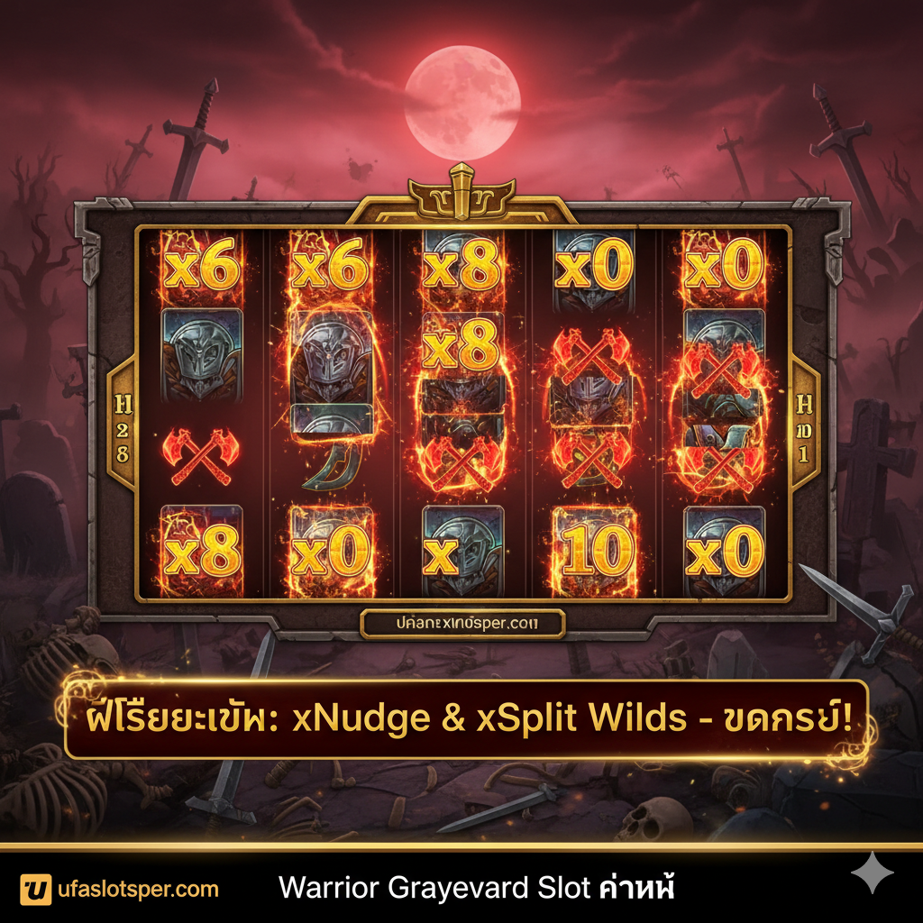 ภาพหน้าปกเกมสล็อต Warrior Graveyard สไตล์ดาร์กแฟนตาซี เน้นโทนสีม่วงเข้ม น้ำเงิน และดำ มีฉากหลังเป็นสุสานโบราณที่มีหมอกควันลอยต่ำ และหลุมศพที่มีรูปปั้นนักรบสลักอยู่เด่นชัด จัดวางโลโก้เกม 'Warrior Graveyard' และโลโก้ค่าย 'Nolimit City' ให้เห็นชัดเจนตรงกลาง พร้อมข้อความตัวหนาภาษาไทยที่สื่อถึงคำว่า 'ufaslotsuper.com' เพื่อเน้นย้ำแหล่งเล่น โดยมีแสงสว่างเรืองรองสีฟ้าอมเขียวพุ่งออกมาจากด้านหลัง ทำให้บรรยากาศดูน่าค้นหาและลึกลับ