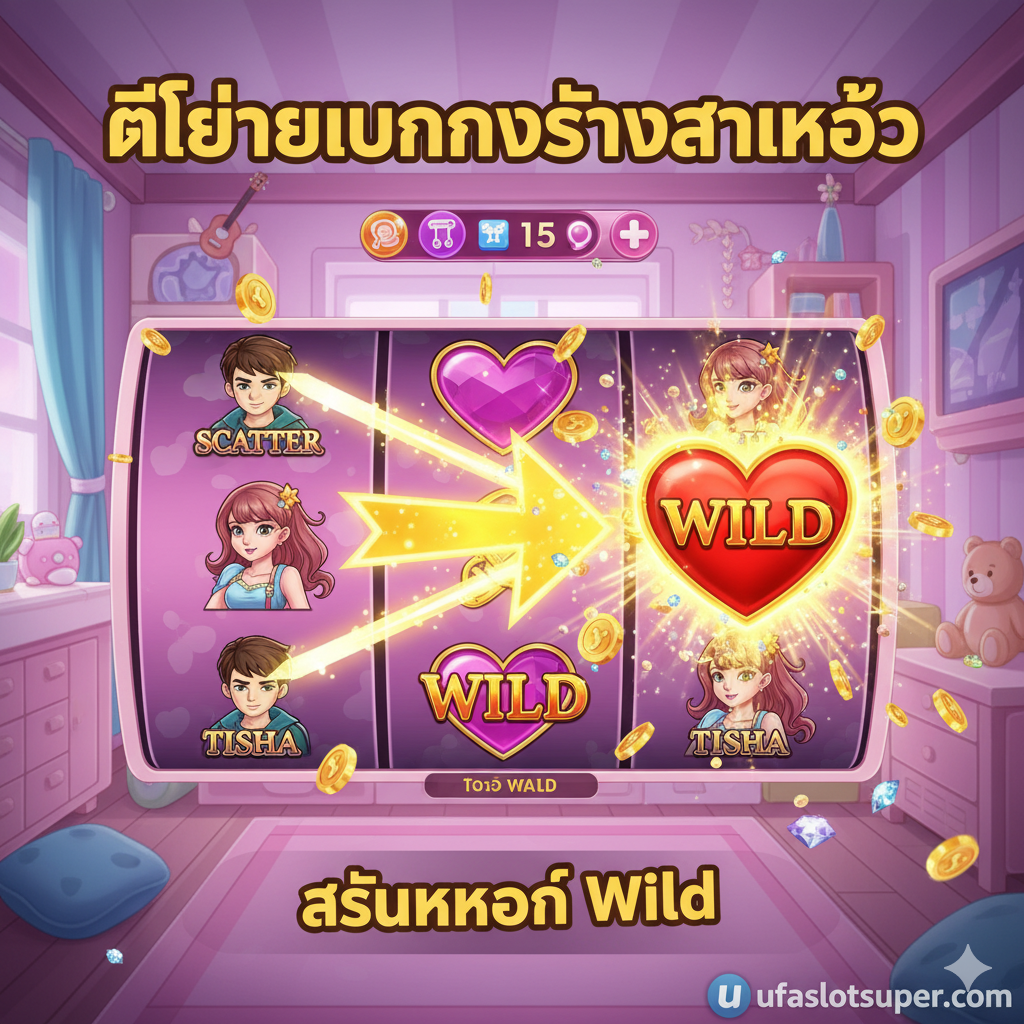 重点突出游戏核心功能 Girls Transformation Feature 的图片。画面应展示一个游戏中的卷轴界面特写，可以看到男性 Scatter 符号与女性符号（例如 Tisha）同时出现。一个动态箭头或闪光效果展示女性符号正“变身”成 Wild 符号（例如，一个心形的 Wild 符号）。色彩明亮、充满活力，突出 Wild 符号带来的爆炸性奖励潜力。使用泰语或英文简短文字标注“Girls Transformation Feature”或“Wild สัญลักษณ์”以解释功能。