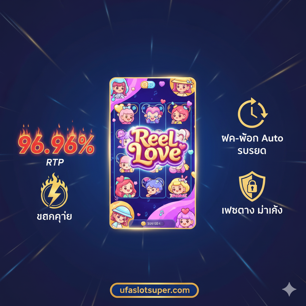 一张突出 ufaslotsuper.com 平台优势和高 RTP 的图片。主视觉应是《Reel Love》的游戏画面，但焦点在于围绕游戏画面的附加元素。左侧或底部可以放置一个醒目的数字“96.96% RTP”和一个带有火焰或闪电的“แตกง่าย (Easy Win)”徽章。旁边展示 ufaslotsuper 的代表性优势图标，เช่น：一个时钟代表“ฝาก-ถอน Auto รวดเร็ว (Fast Auto Transaction)”，一个盾牌代表“เว็บตรง มั่นคง (Secure Direct Web)”。整体风格专业可靠，以泰语为主导文字。