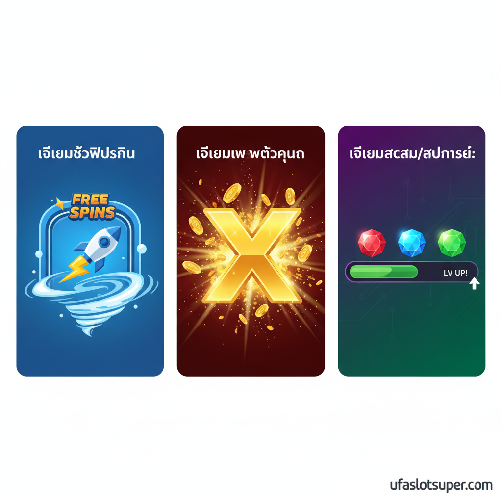 一張展示'Slot Item'主要功能的圖解，採用模塊化設計。將圖片分為三塊，分別代表文章中提到的三種Item類型：1. Free Spin Item（用一個火箭或閃電符號加速進入一個帶有'FREE SPINS'標誌的門）、2. Multiplier Item（用一個巨大的金色'X'符號，旁邊圍繞著爆炸性的金幣）、3. Collection/Upgrade Item（展示一個進度條，上面有幾顆收集到的寶石，代表升級）。色彩鮮明，每個模塊都有清晰的泰語標題，如 'ไอเทมซื้อฟรีสปิน'、'ไอเทมเพิ่มตัวคูณ'，幫助讀者快速理解功能差異。